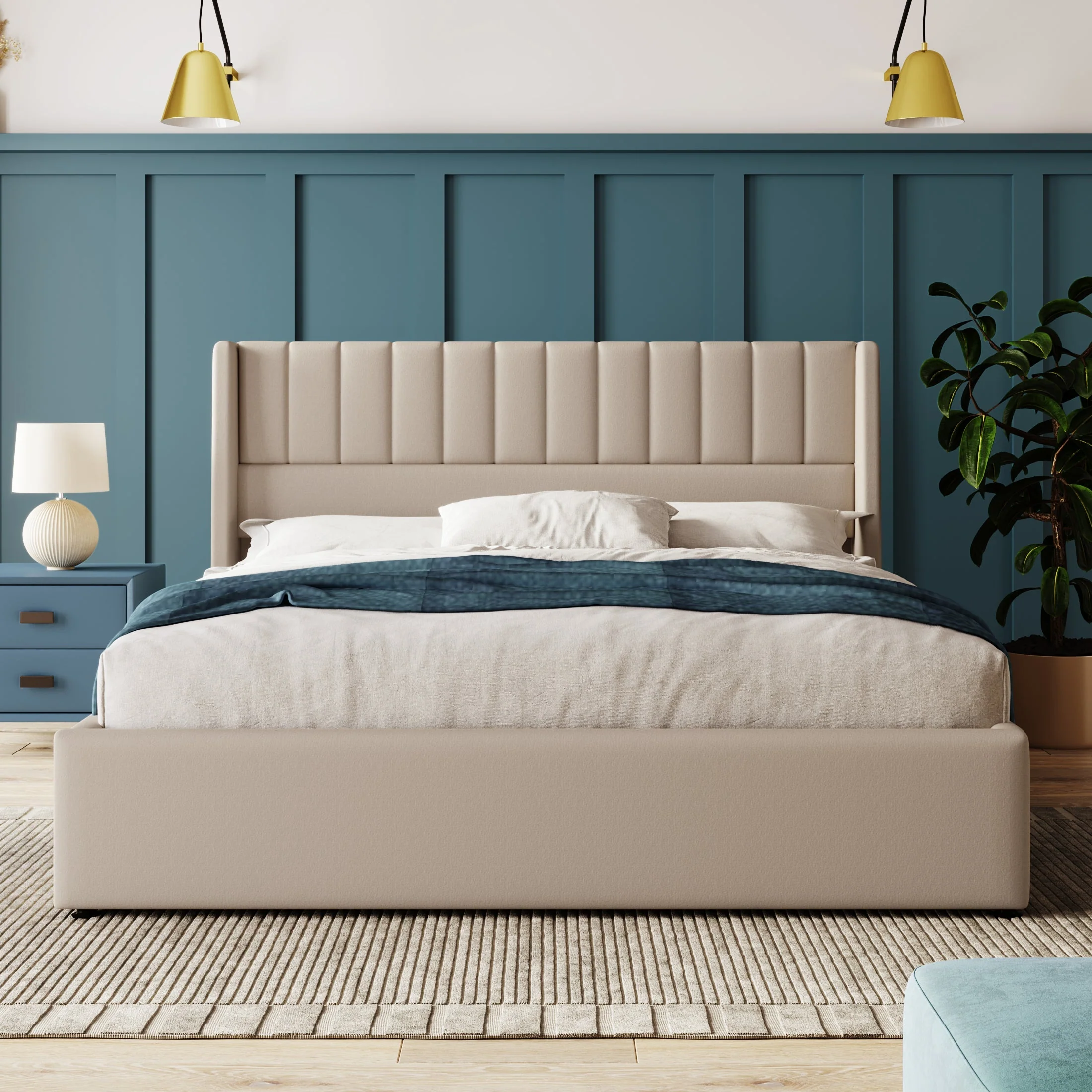 Storage Bed, Hydraulic Double 160x200cm, Wooden Slatted, Beige Linen - Image 3