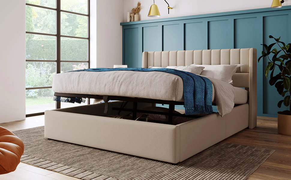 Storage Bed, Hydraulic Double 160x200cm, Wooden Slatted, Beige Linen - Image 6