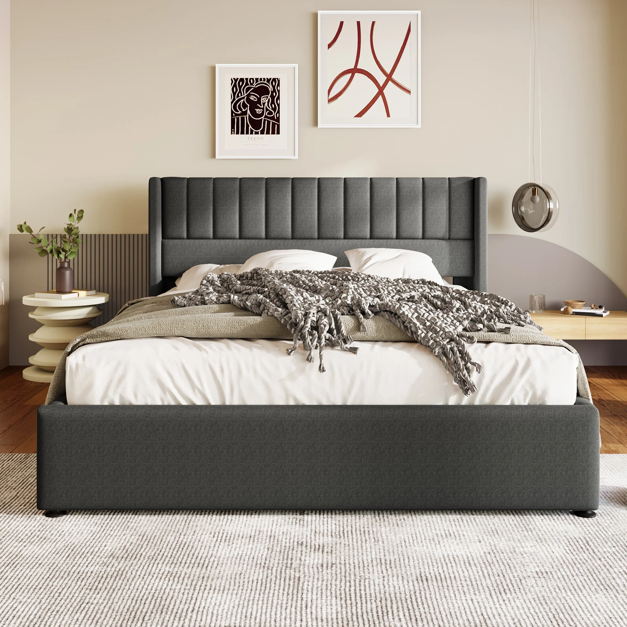 Storage Bed, Hydraulic Double 180x200cm, Linen Grey - Image 7