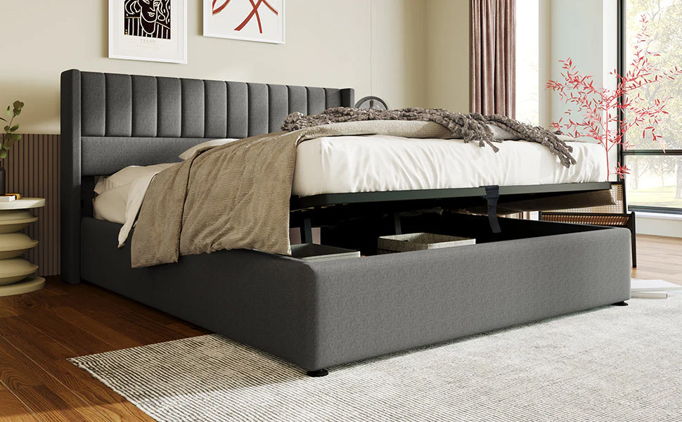 Storage Bed, Hydraulic Double 180x200cm, Linen Grey - Image 8