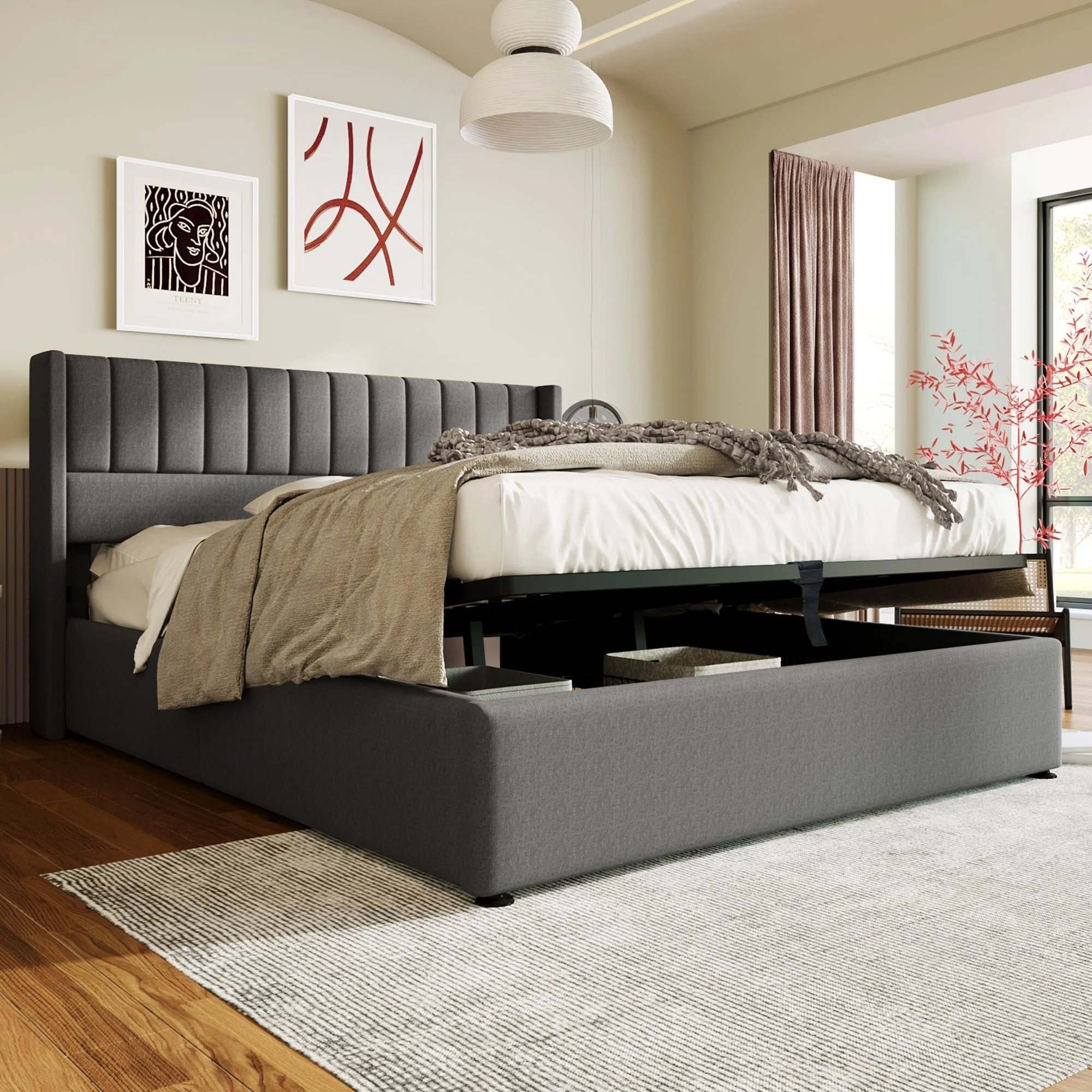 Storage Bed, Hydraulic Double 180x200cm, Linen Grey - Image 9