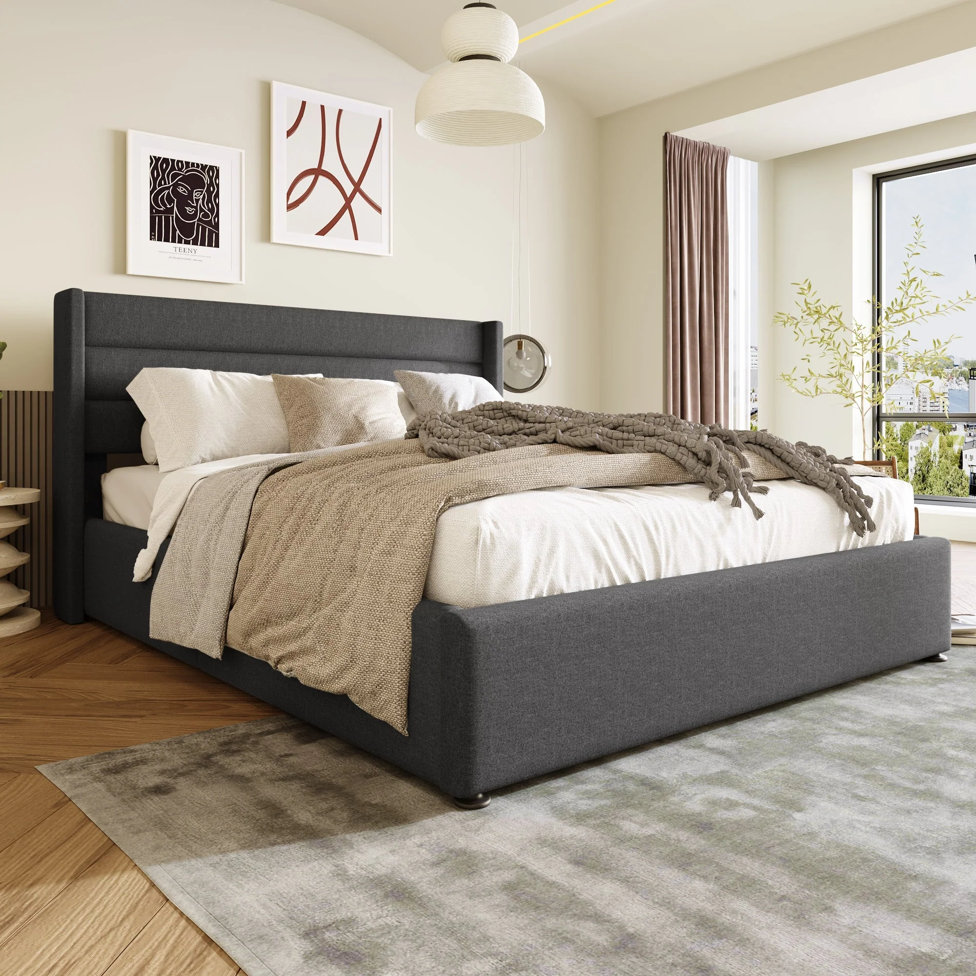 Storage Bed, Hydraulic Upholstered Double Bed 140x200cm, Slatted Base, Linen Grey - Image 2