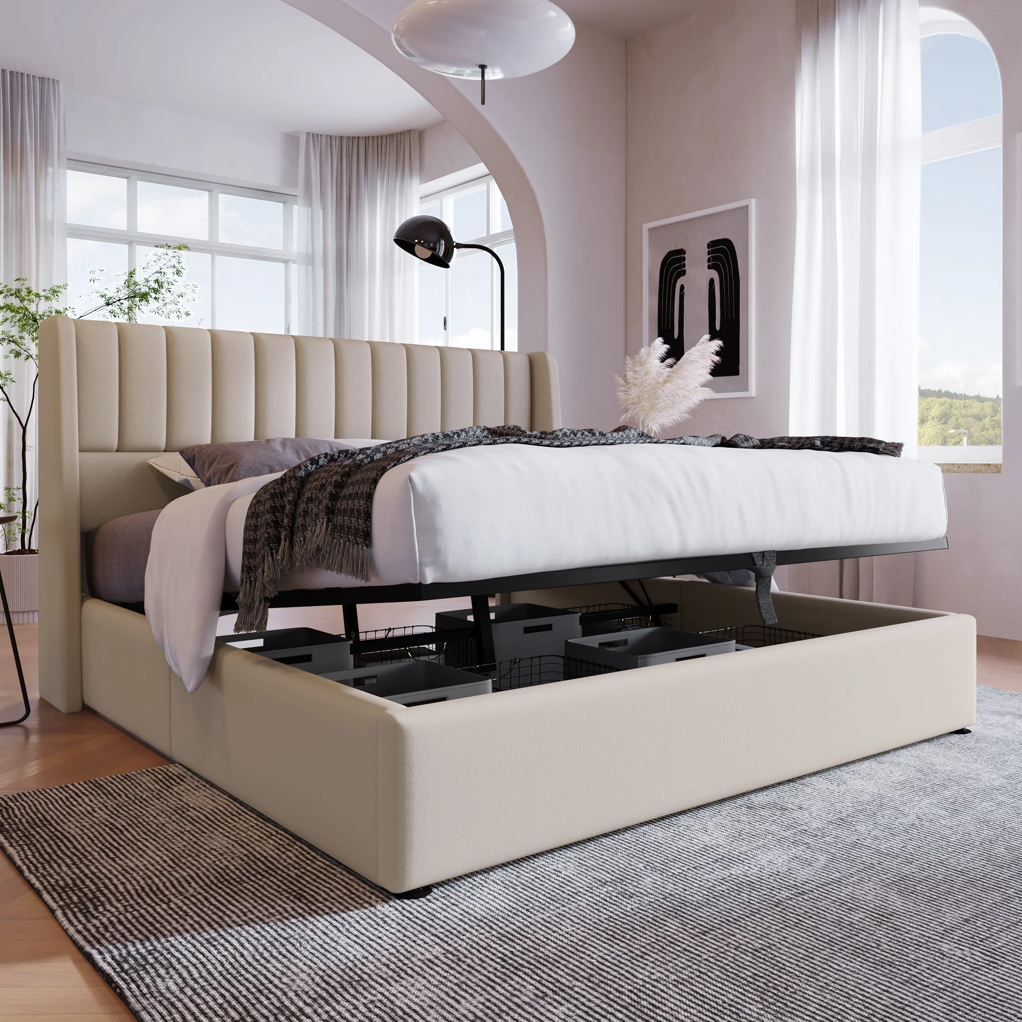 Storage Bed, Upholstered Hydraulic Double Bed 140x200cm, Linen Beige - Image 2