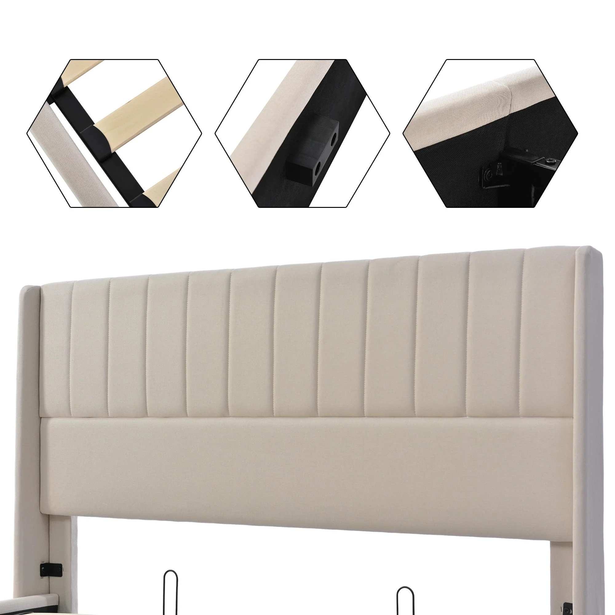 Storage Bed, Upholstered Hydraulic Double Bed 140x200cm, Linen Beige - Image 4
