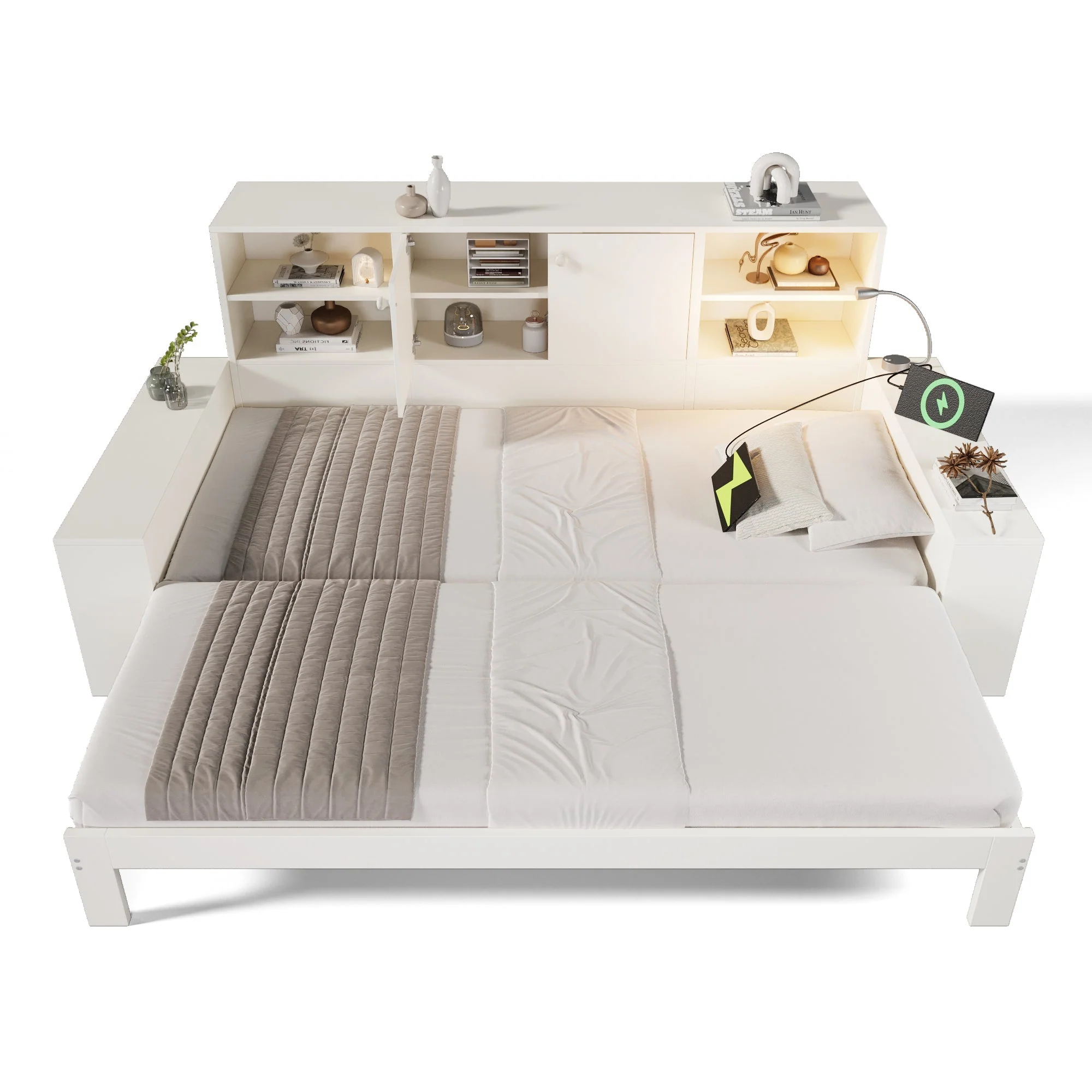 Storage Bed with Pull-out Bed, Double Doors and USB Ports, 90x200cm, White Wood - Image 6