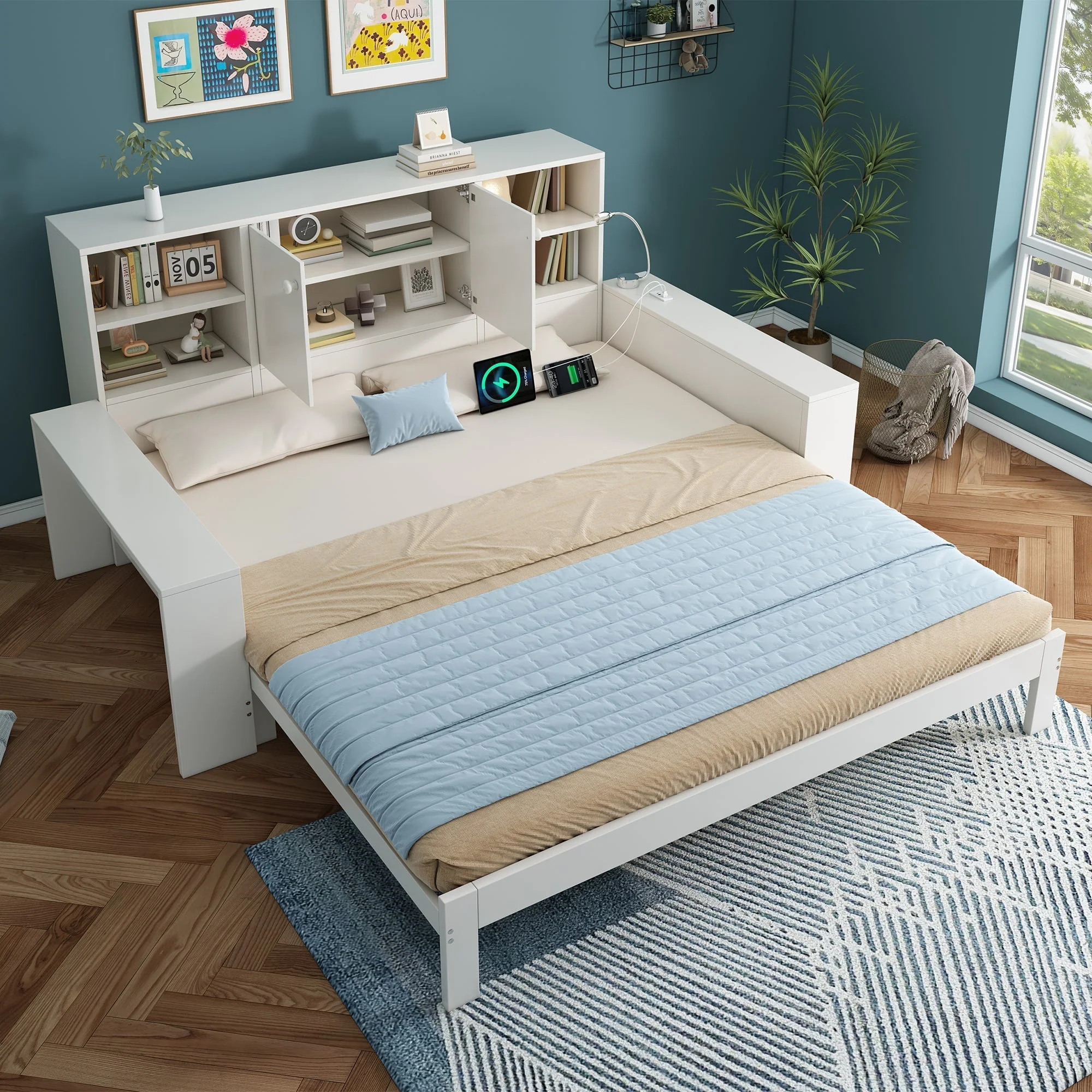 Storage Bed with Pull-out Bed, Double Doors and USB Ports, 90x200cm, White Wood - Image 7