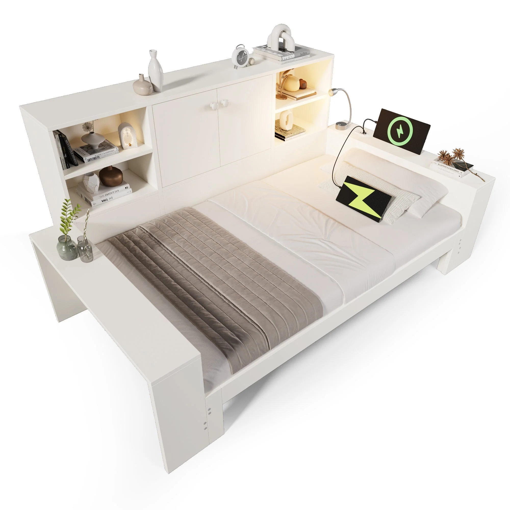 Storage Bed with Pull-out Bed, Double Doors and USB Ports, 90x200cm, White Wood - Image 8