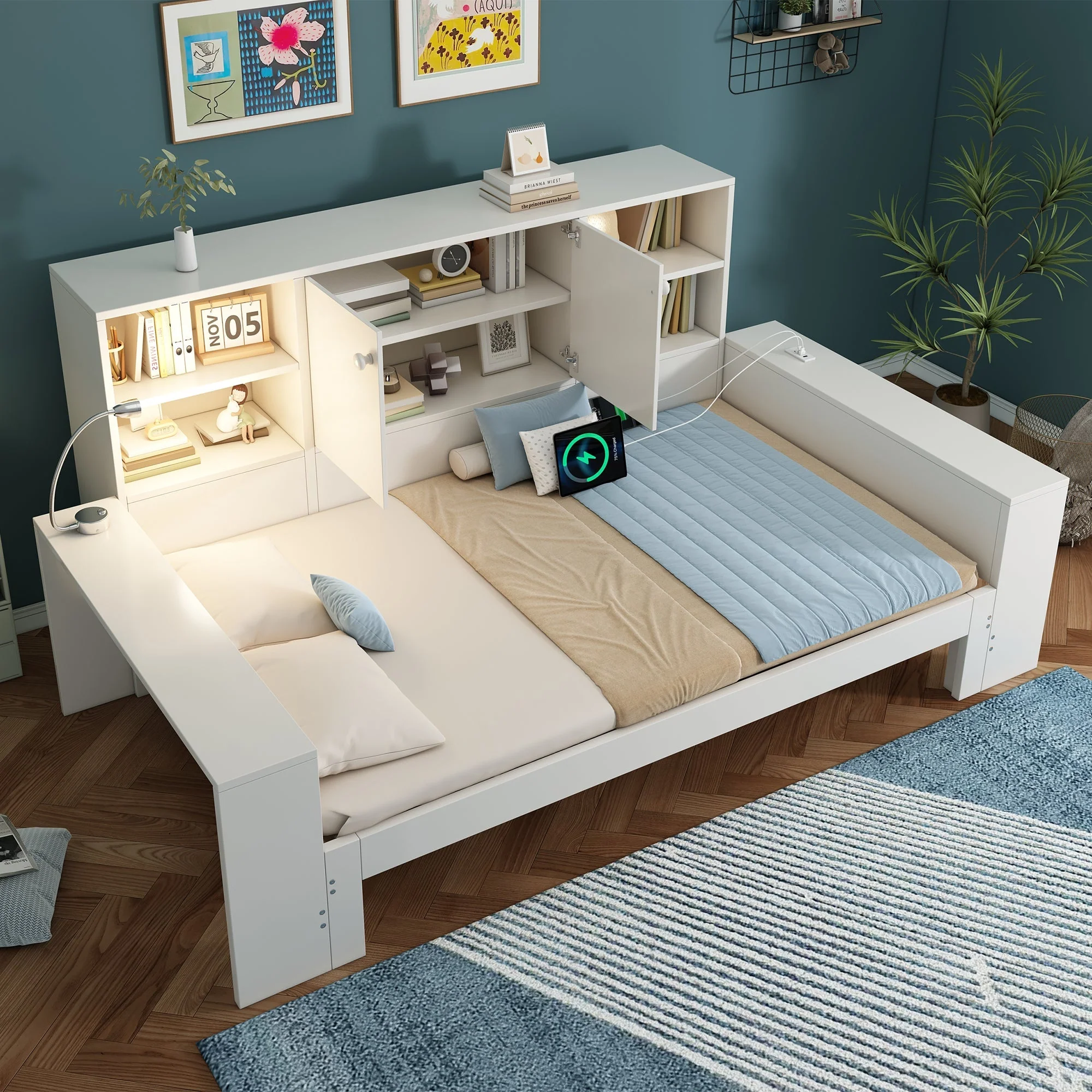 Storage Bed with Pull-out Bed, Double Doors and USB Ports, 90x200cm, White Wood - Image 9
