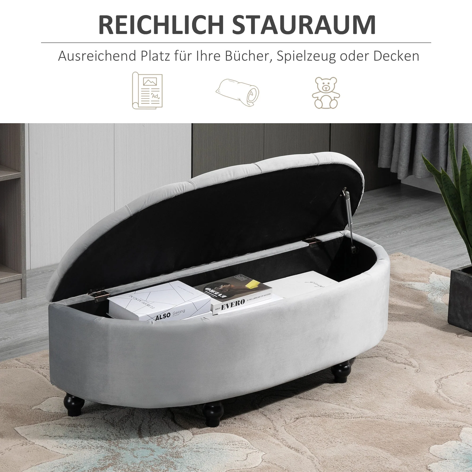 Storage Bench Ottoman Footstool, Velvet-Touch Rubberwood, Grey - Image 4