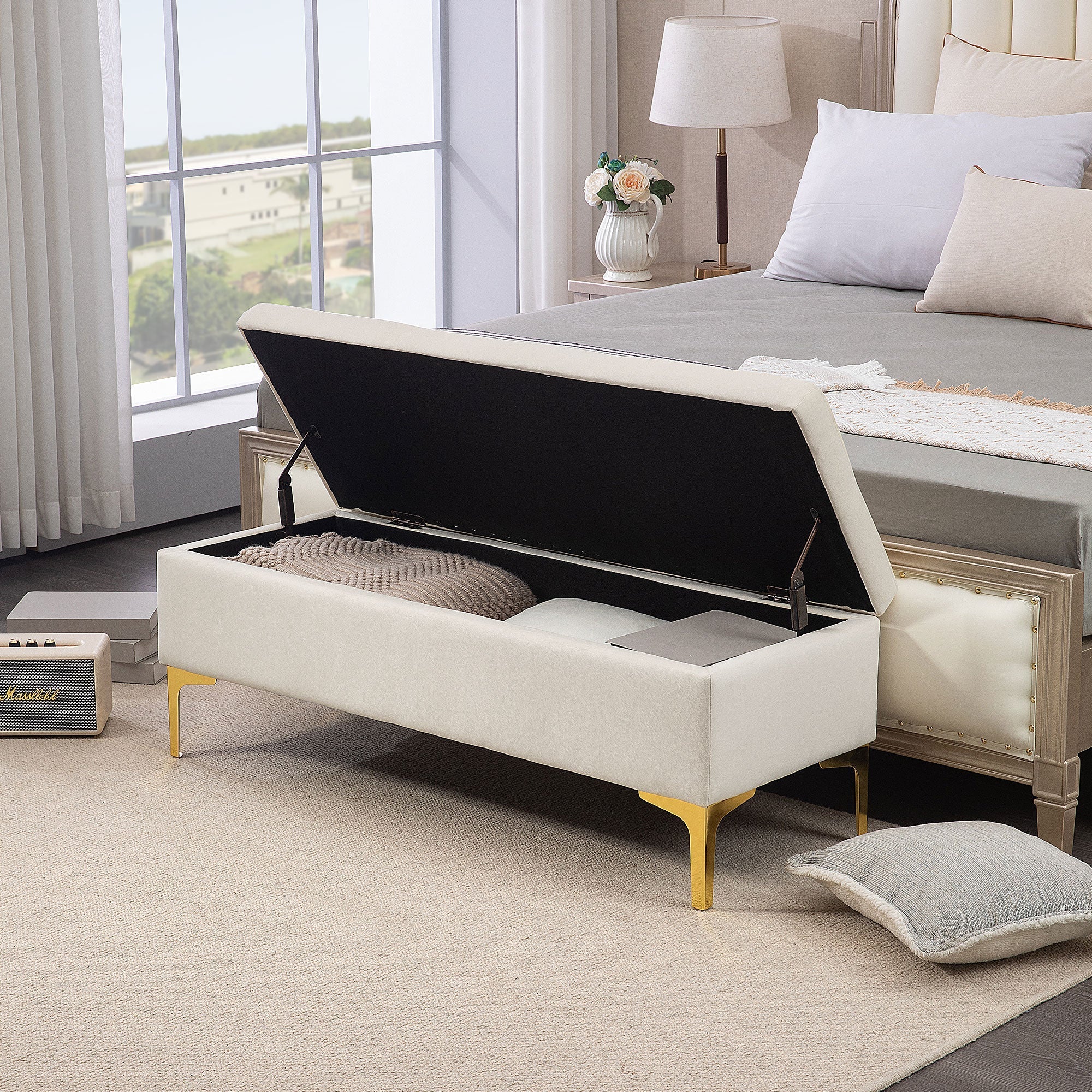 Storage Bench Upholstered Metal Legs, Velvet Look Beige - Image 7