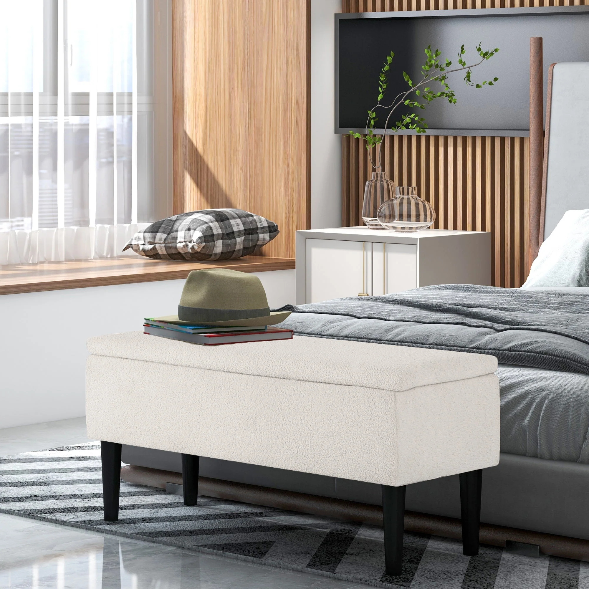 Storage Bench, Upholstered with Hinged Lid, 95x38x45cm, Velvet Look - Image 2