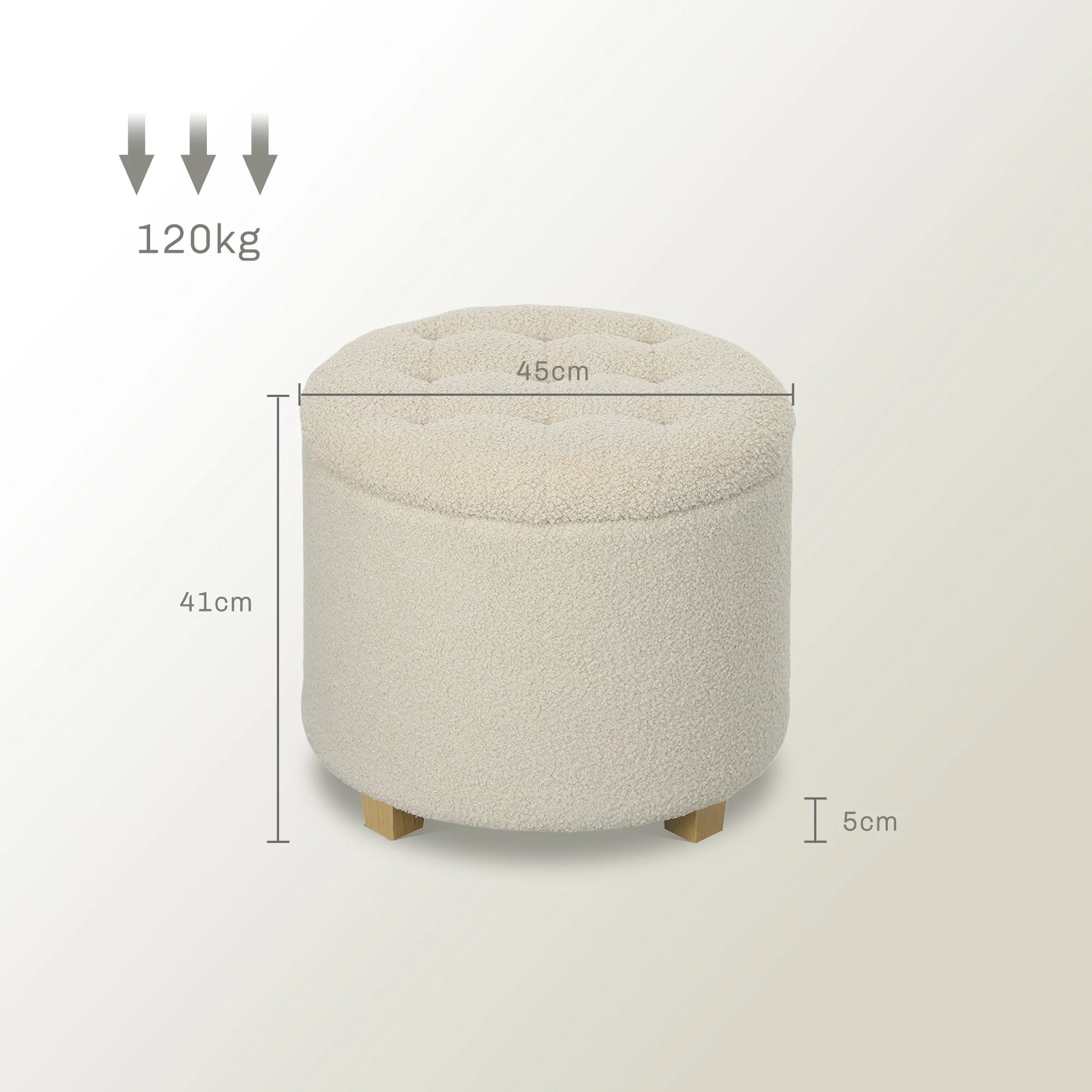 Storage Bench, Upholstered with Lid Cashmere Look Ø45 x 41 cm, Cream White - Image 3