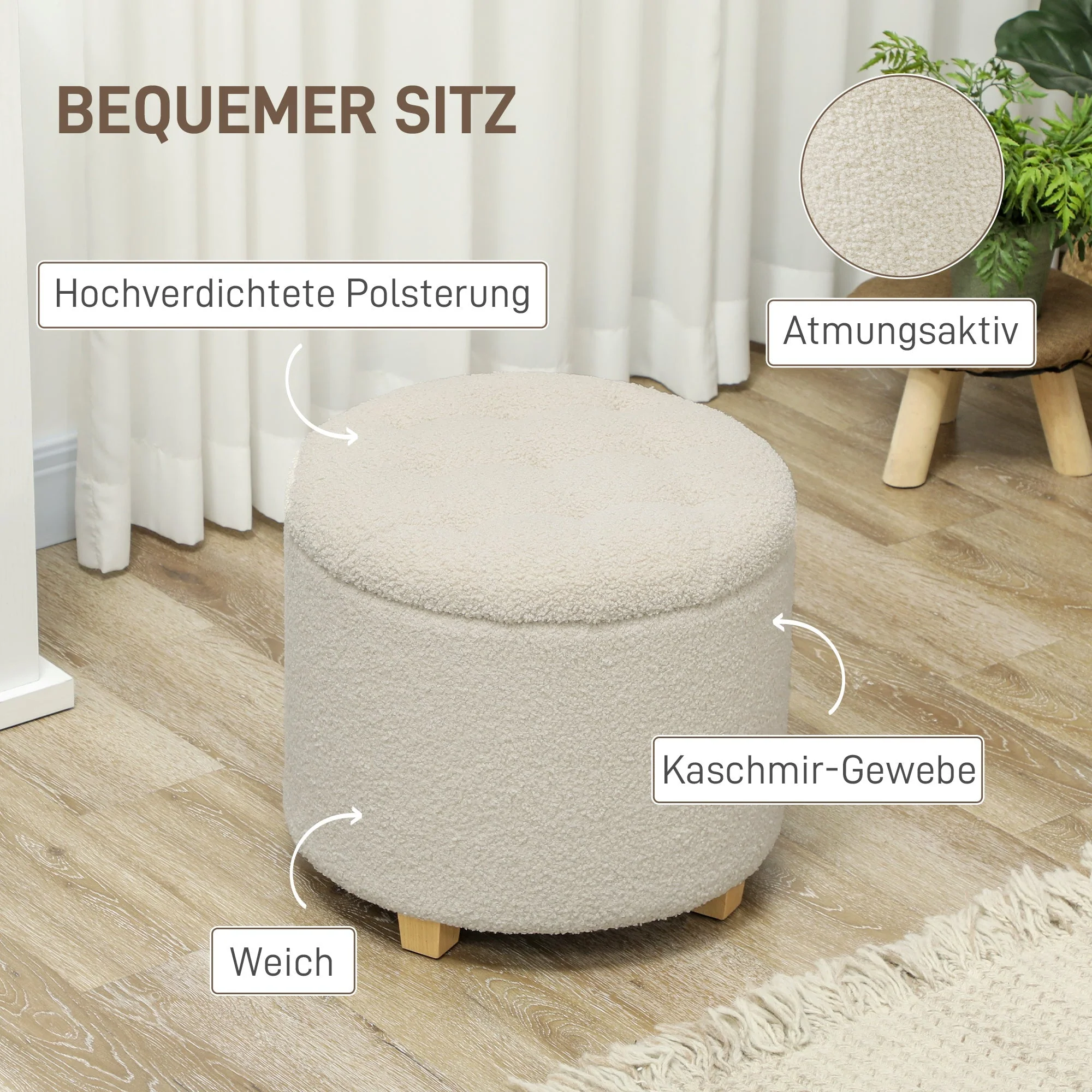 Storage Bench, Upholstered with Lid Cashmere Look Ø45 x 41 cm, Cream White - Image 5
