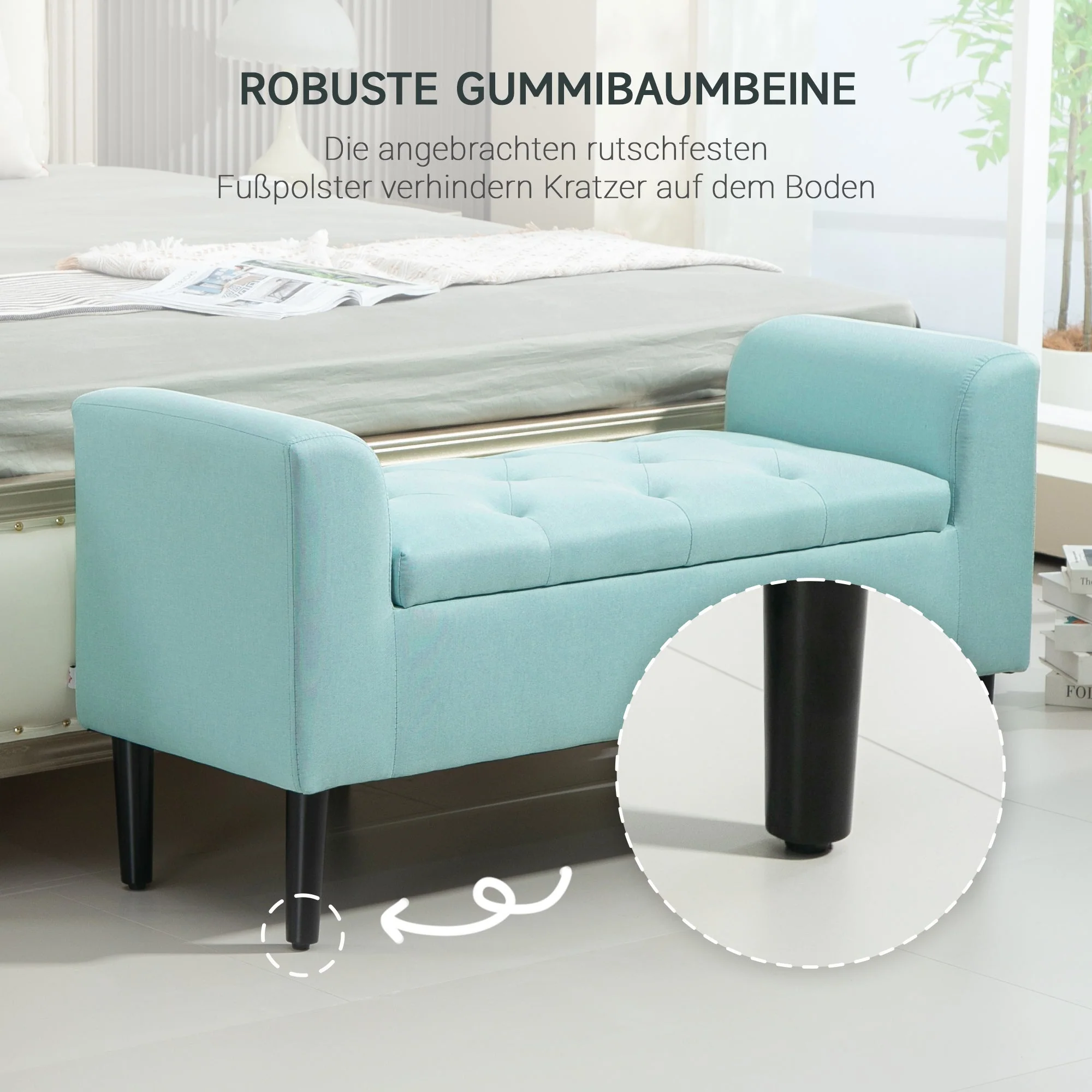Storage Bench, Upholstered with Storage Box, Linen Look Green - Image 7