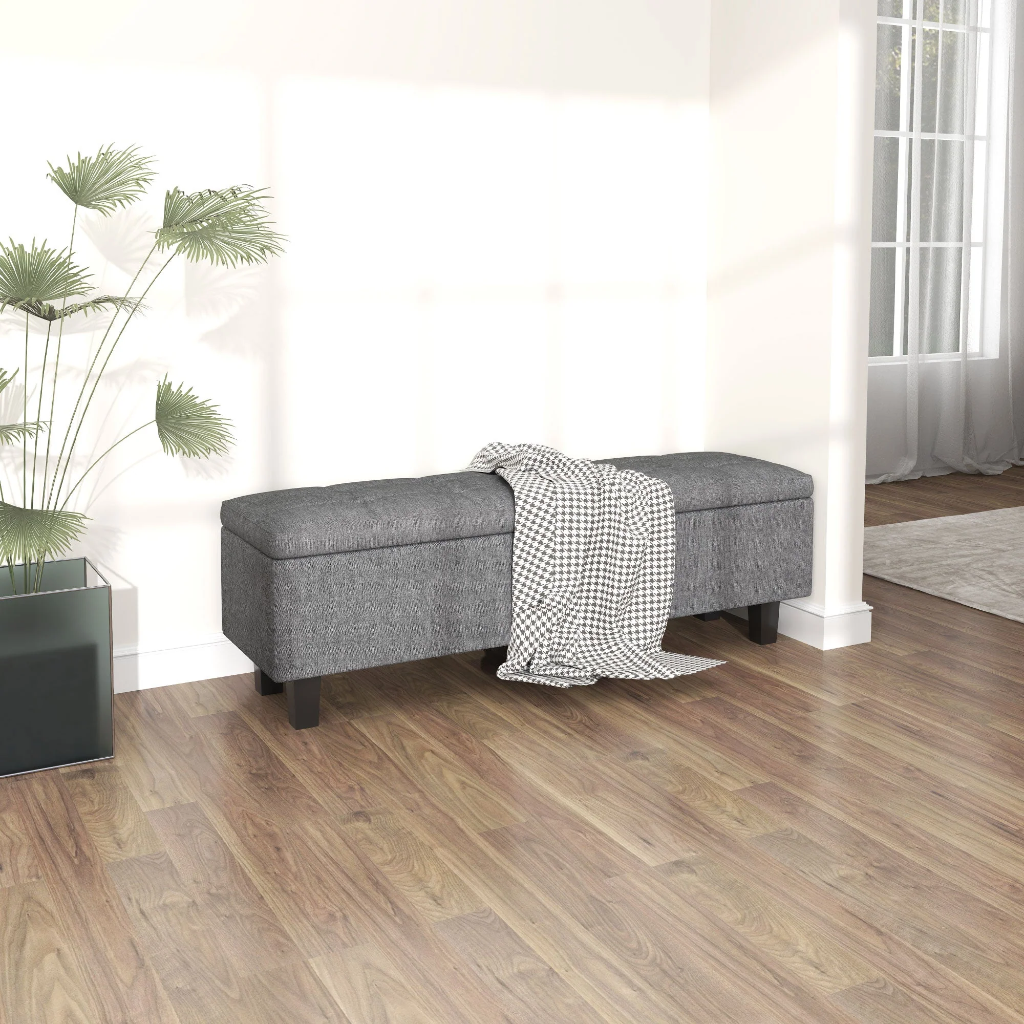 Storage Bench Upholstered with Wooden Legs 138x40x45cm, Dark Grey Linen - Image 7