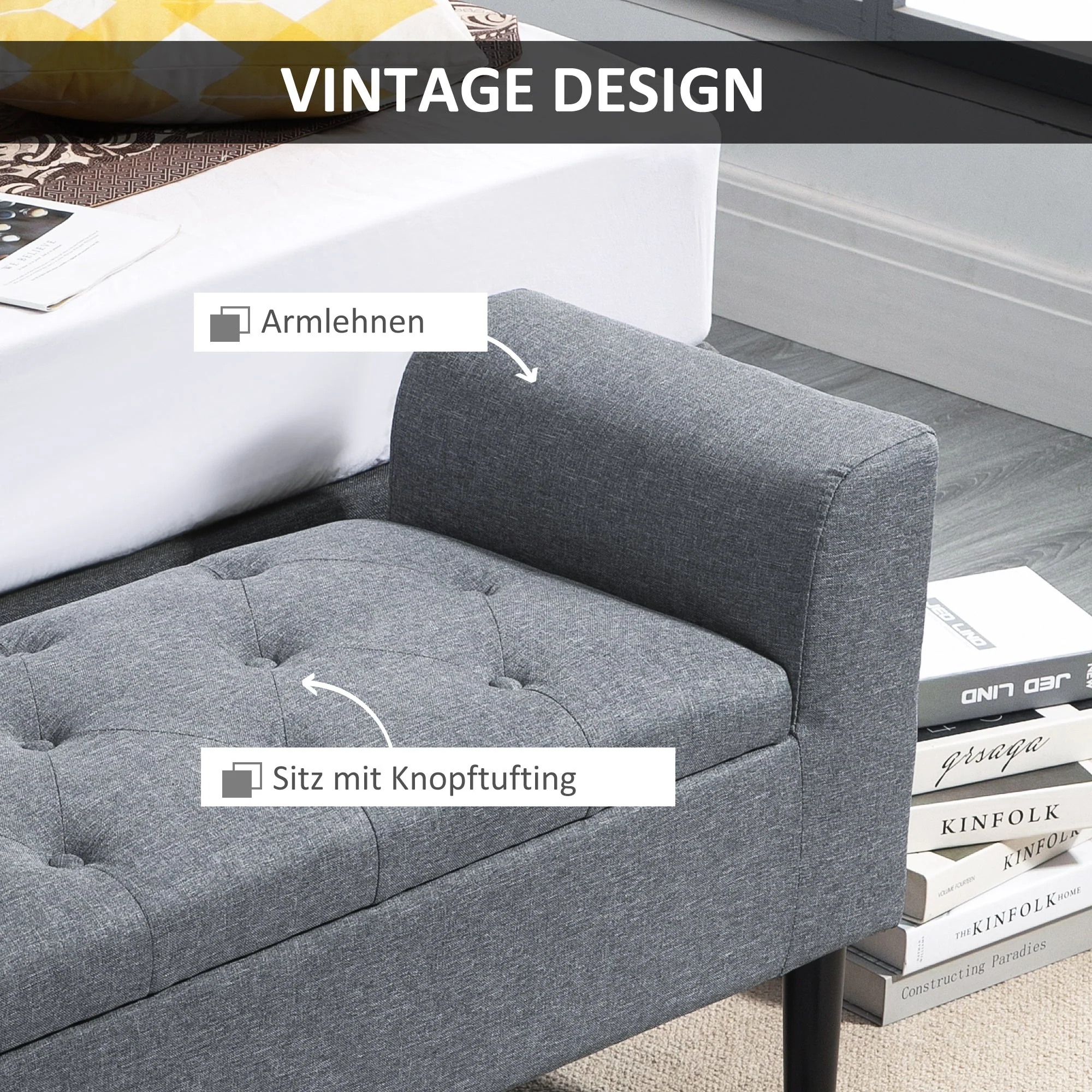 Storage Bench, Upholstered with Wooden Legs, Light Grey - Image 6