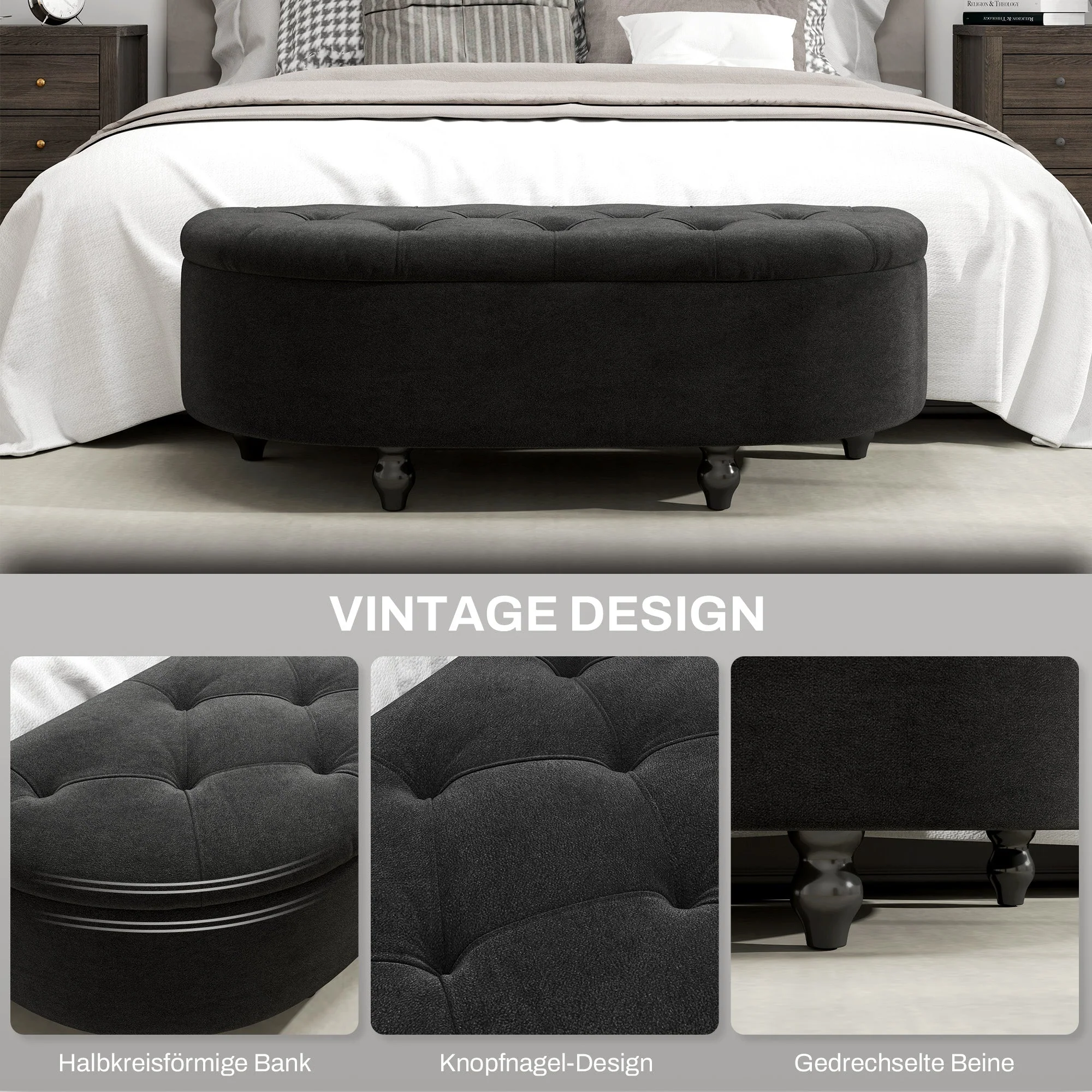 Storage Bench with Open Lid Upholstered 120x46x42cm, Dark Grey Velvet-Touch - Image 6