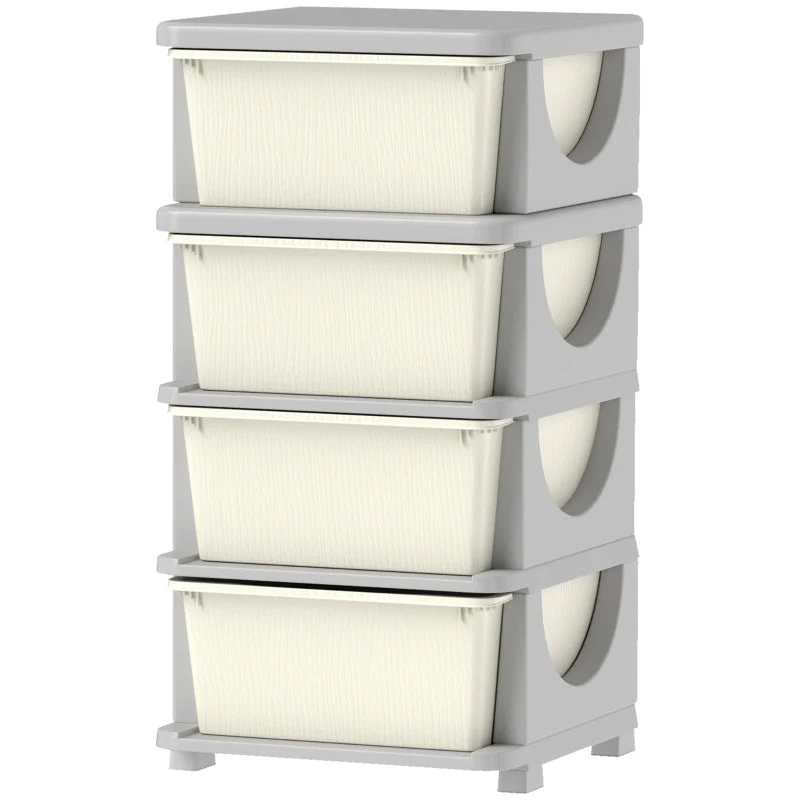 Storage Boxes 4 Large Drawers Rounded Edges 37x37x76cm - Plastic Cream White