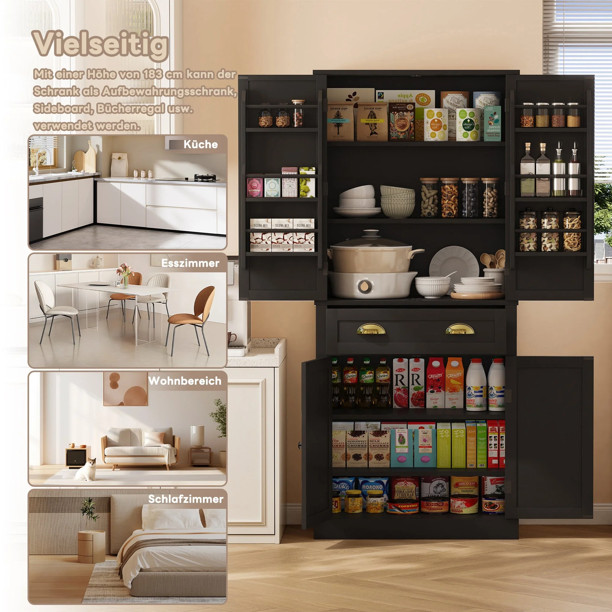 Storage Cabinet 182cm 4 Doors 1 Drawer Adjustable Shelves - Black - Image 3