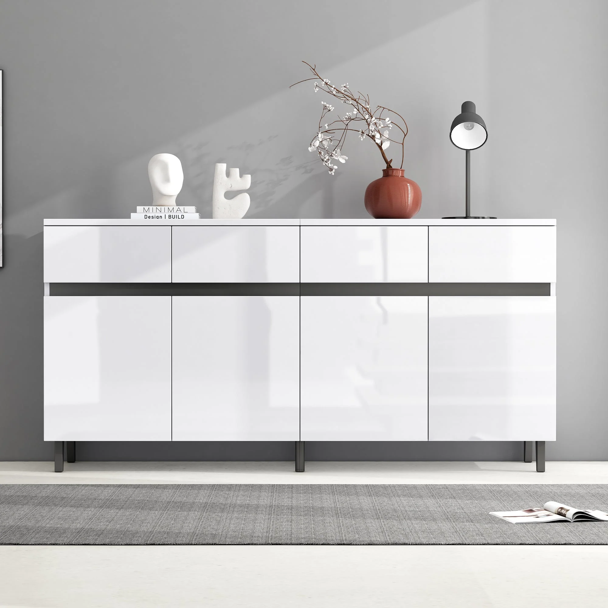 Storage Cabinet Buffet, 4 Doors 4 Drawers Adjustable Shelves, White - Image 4