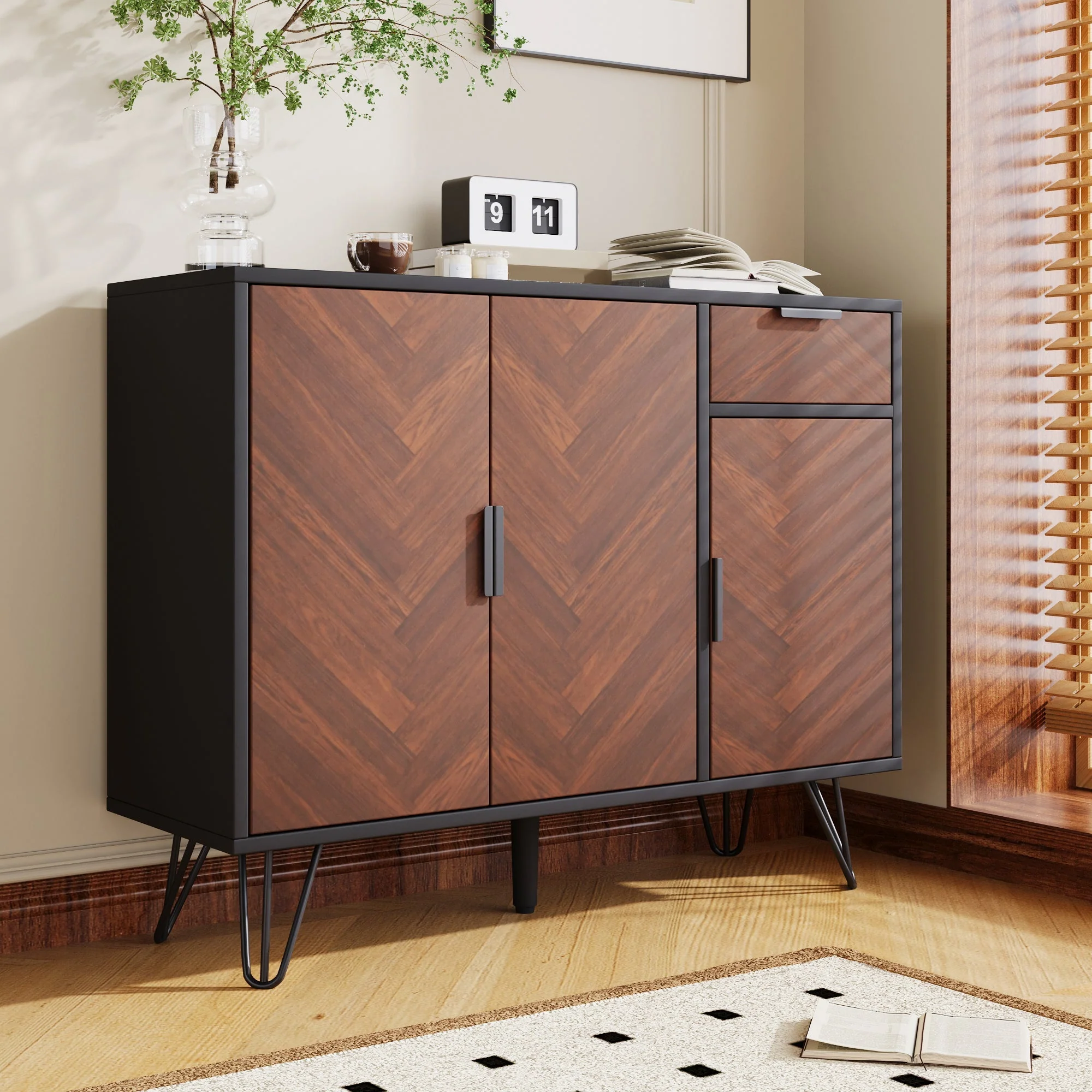 Storage Cabinet, Modern Sideboard with Drawer & Adjustable Shelves, Black & Wood Look - Image 3