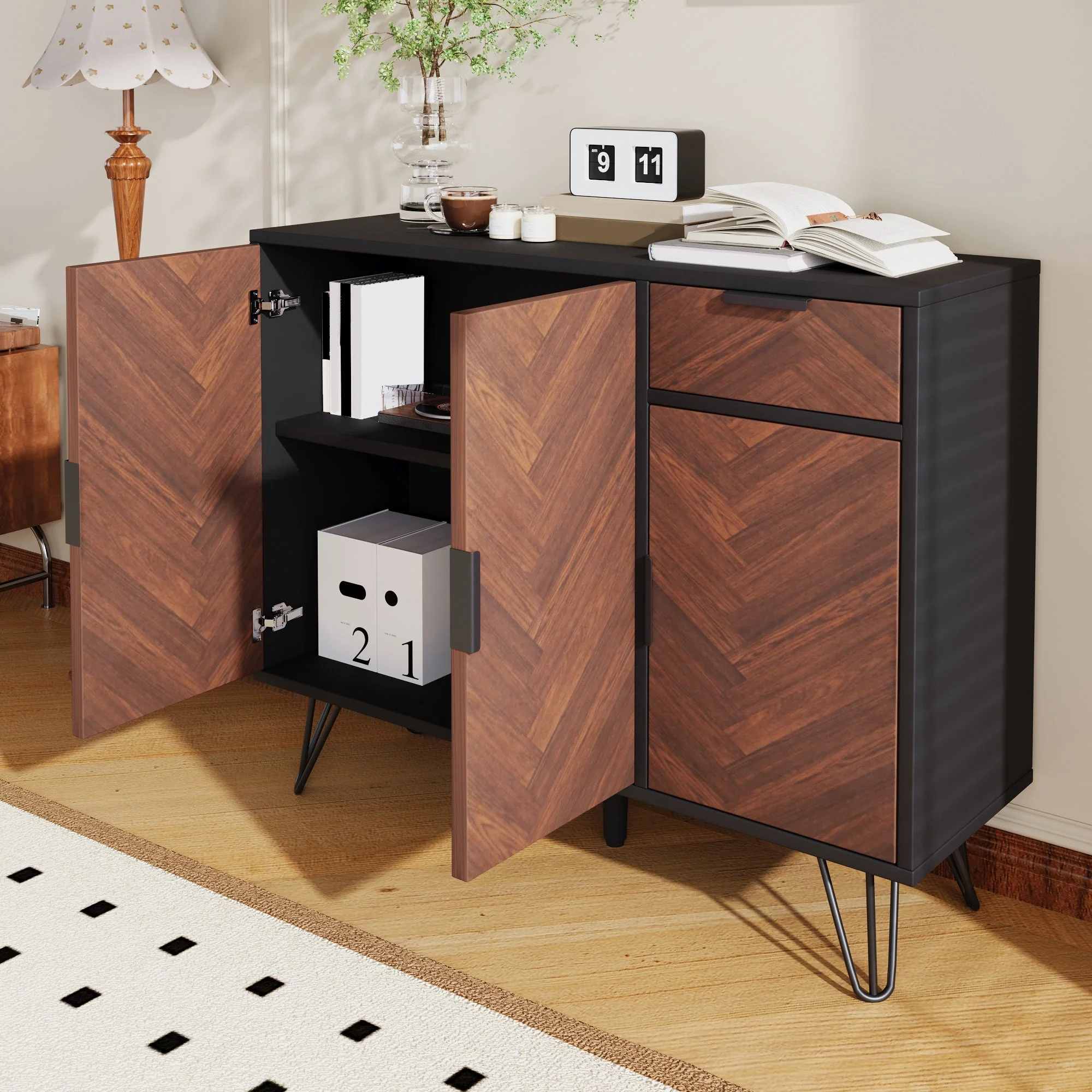 Storage Cabinet, Modern Sideboard with Drawer & Adjustable Shelves, Black & Wood Look - Image 4