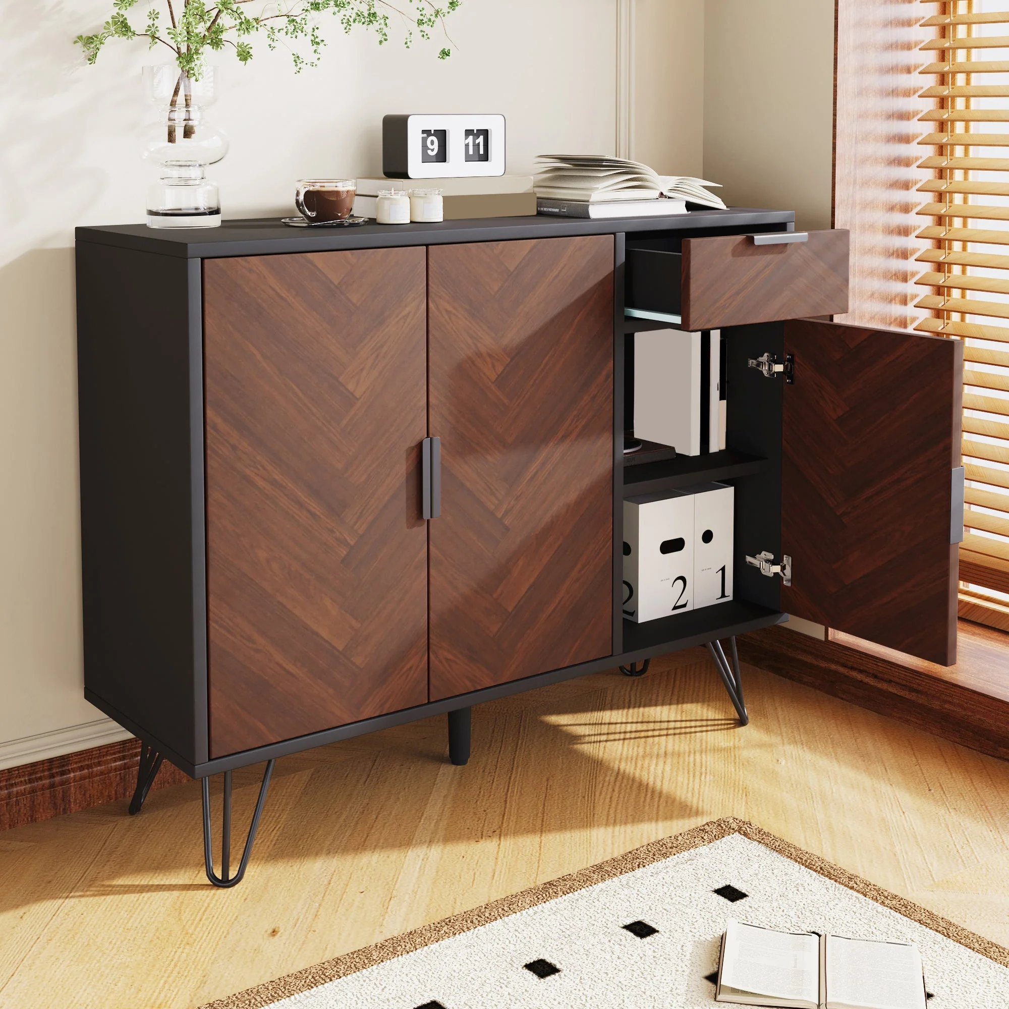 Storage Cabinet, Modern Sideboard with Drawer & Adjustable Shelves, Black & Wood Look - Image 5