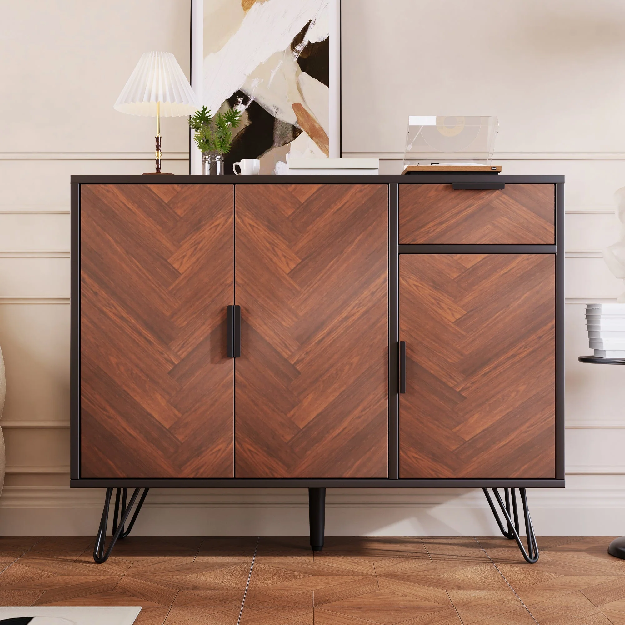 Storage Cabinet, Modern Sideboard with Drawer & Adjustable Shelves, Black & Wood Look - Image 7