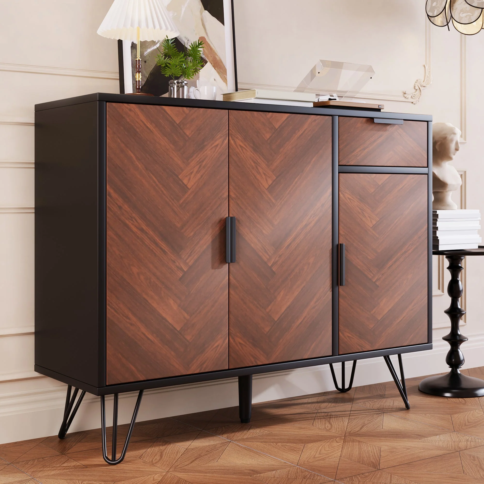Storage Cabinet, Modern Sideboard with Drawer & Adjustable Shelves, Black & Wood Look - Image 8