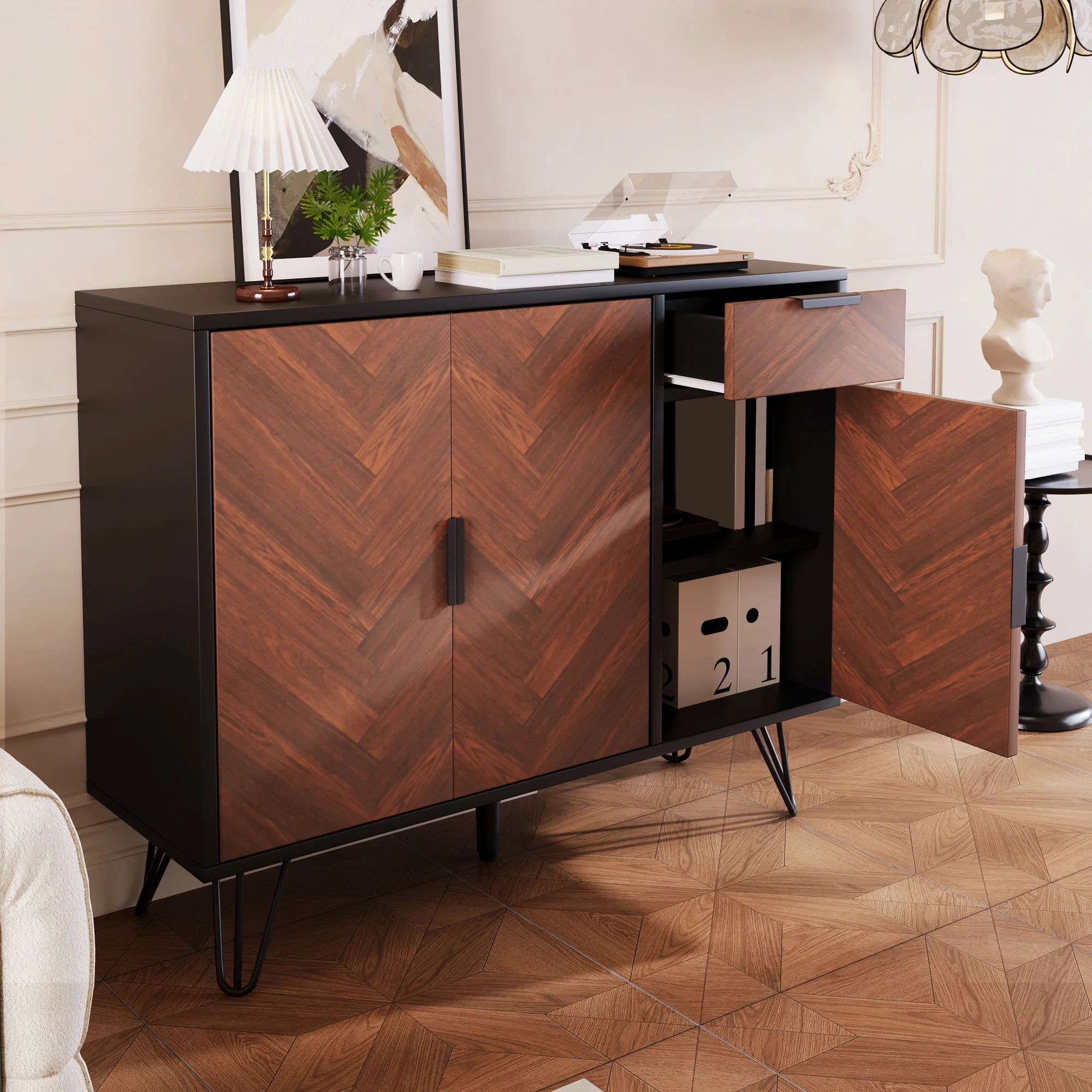 Storage Cabinet, Modern Sideboard with Drawer & Adjustable Shelves, Black & Wood Look - Image 9