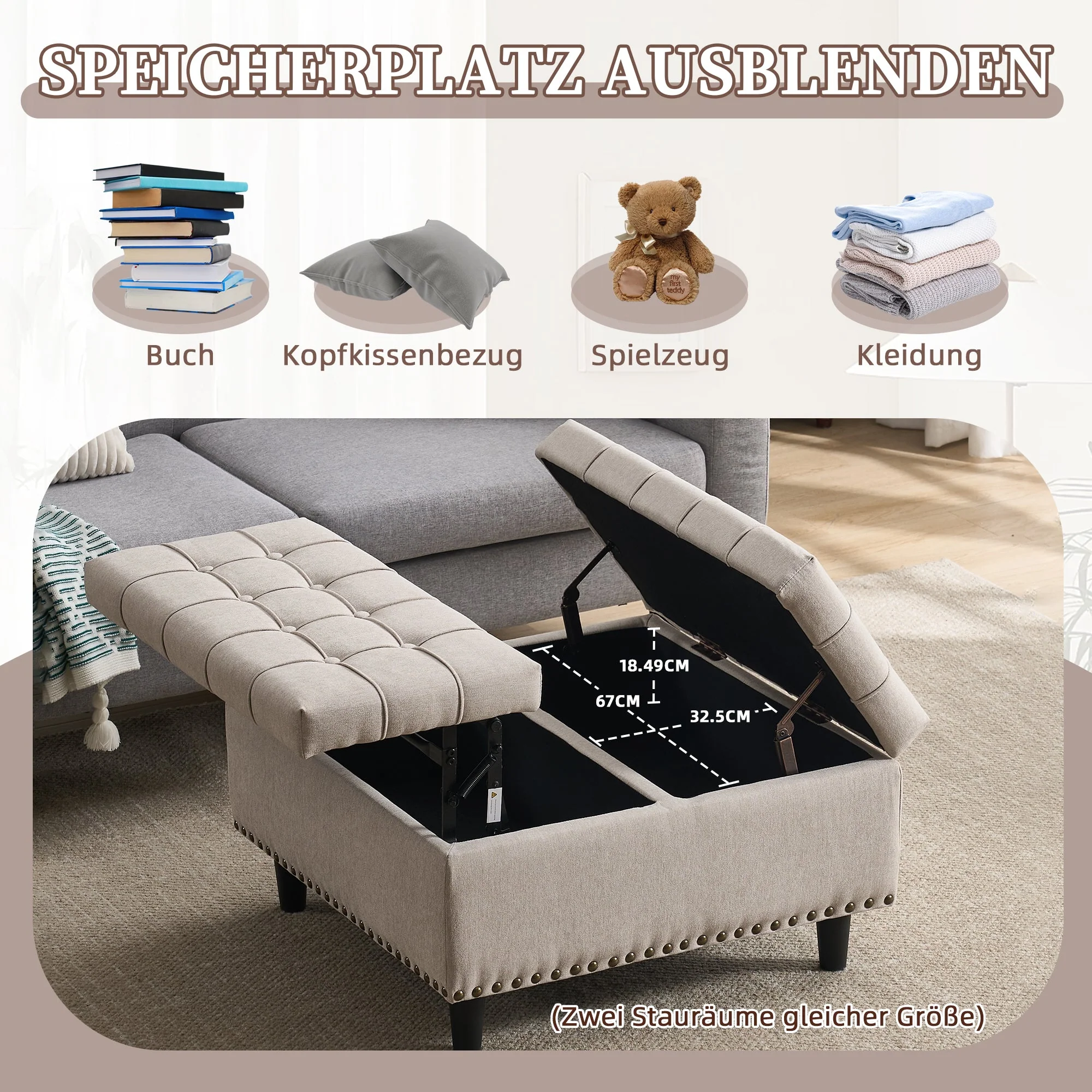 Storage Chair, Large Square Liftable Bench with Space, Beige - Image 3