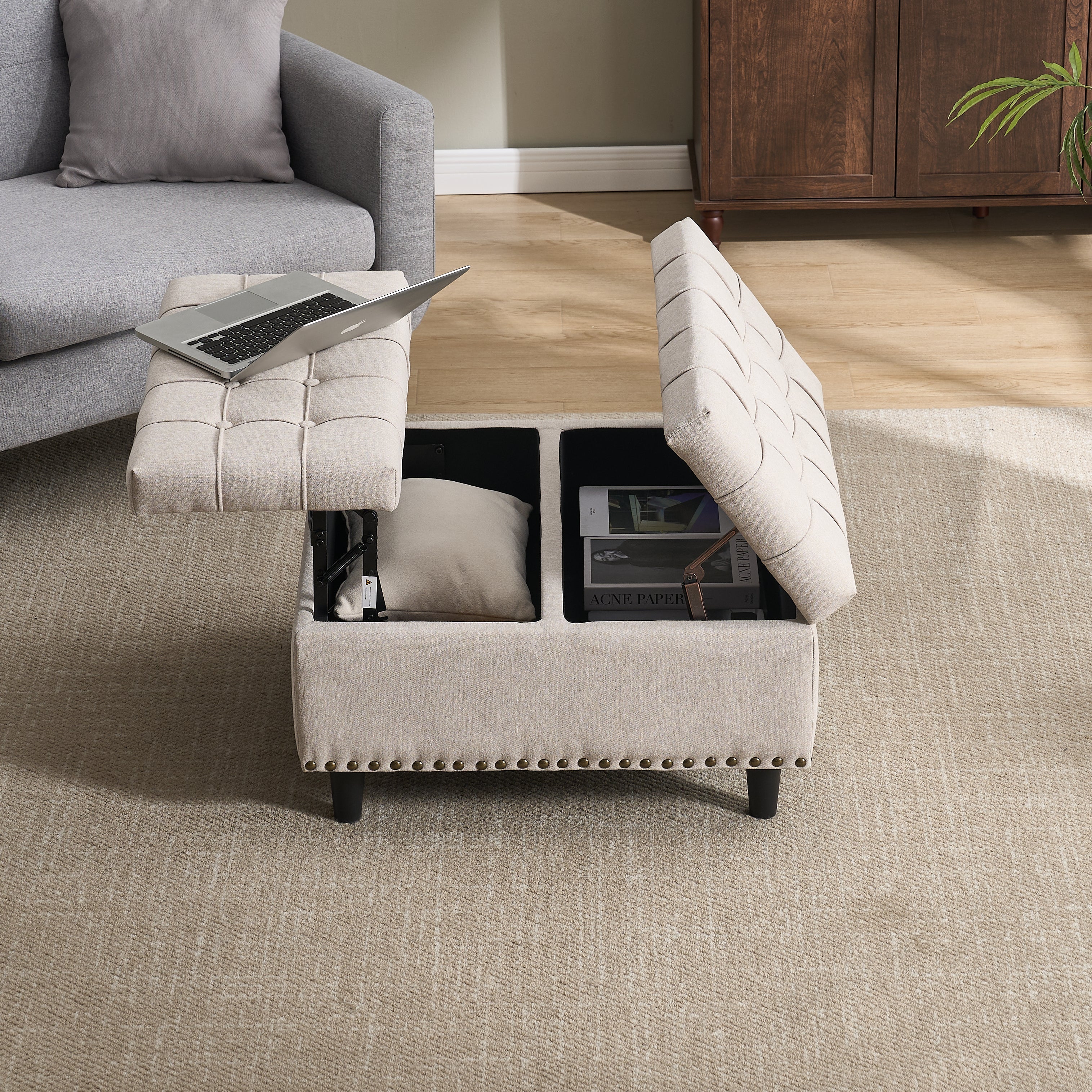 Storage Chair, Large Square Liftable Bench with Space, Beige - Image 8