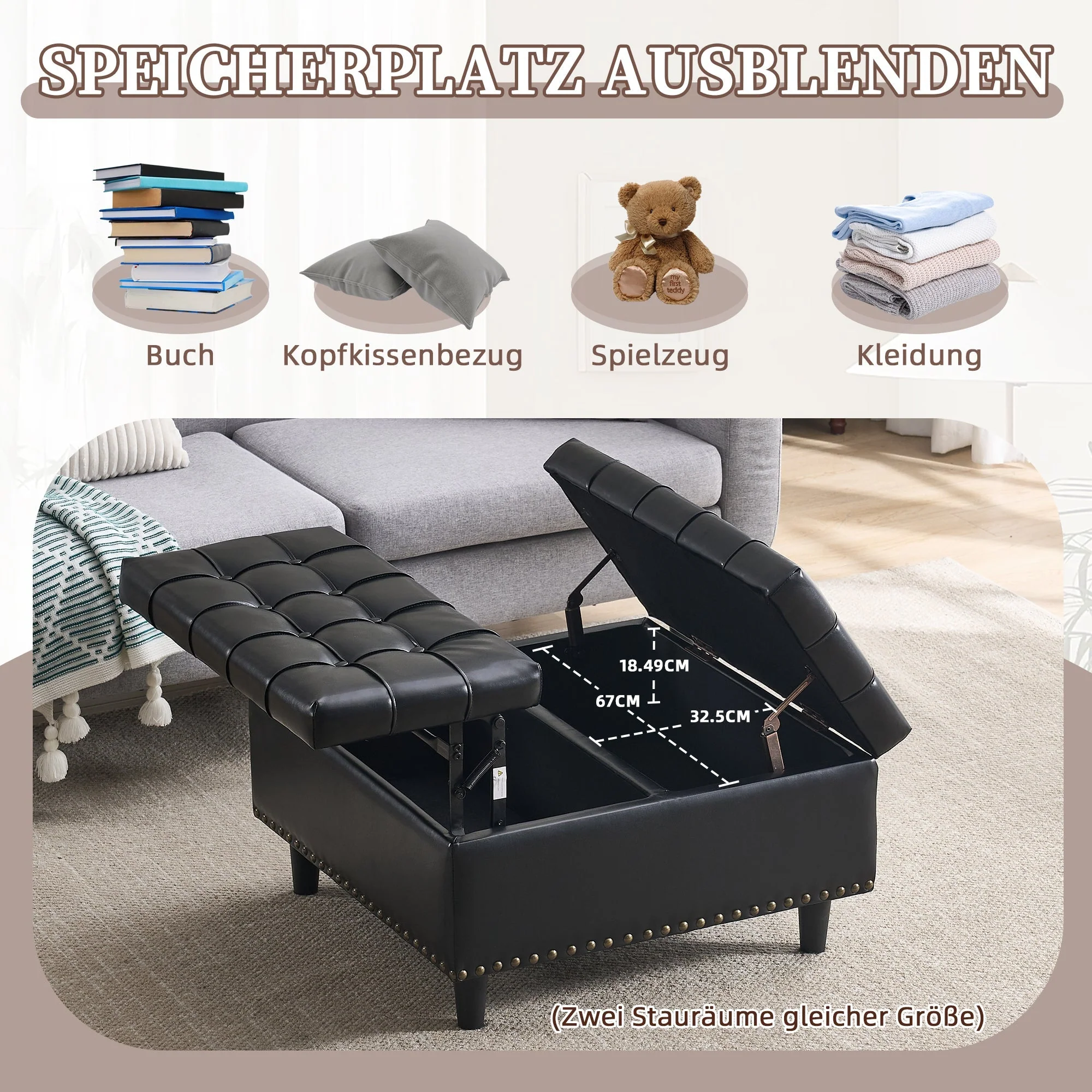 Storage Chair, Large Square Liftable Bench with Space, Black PU - Image 3