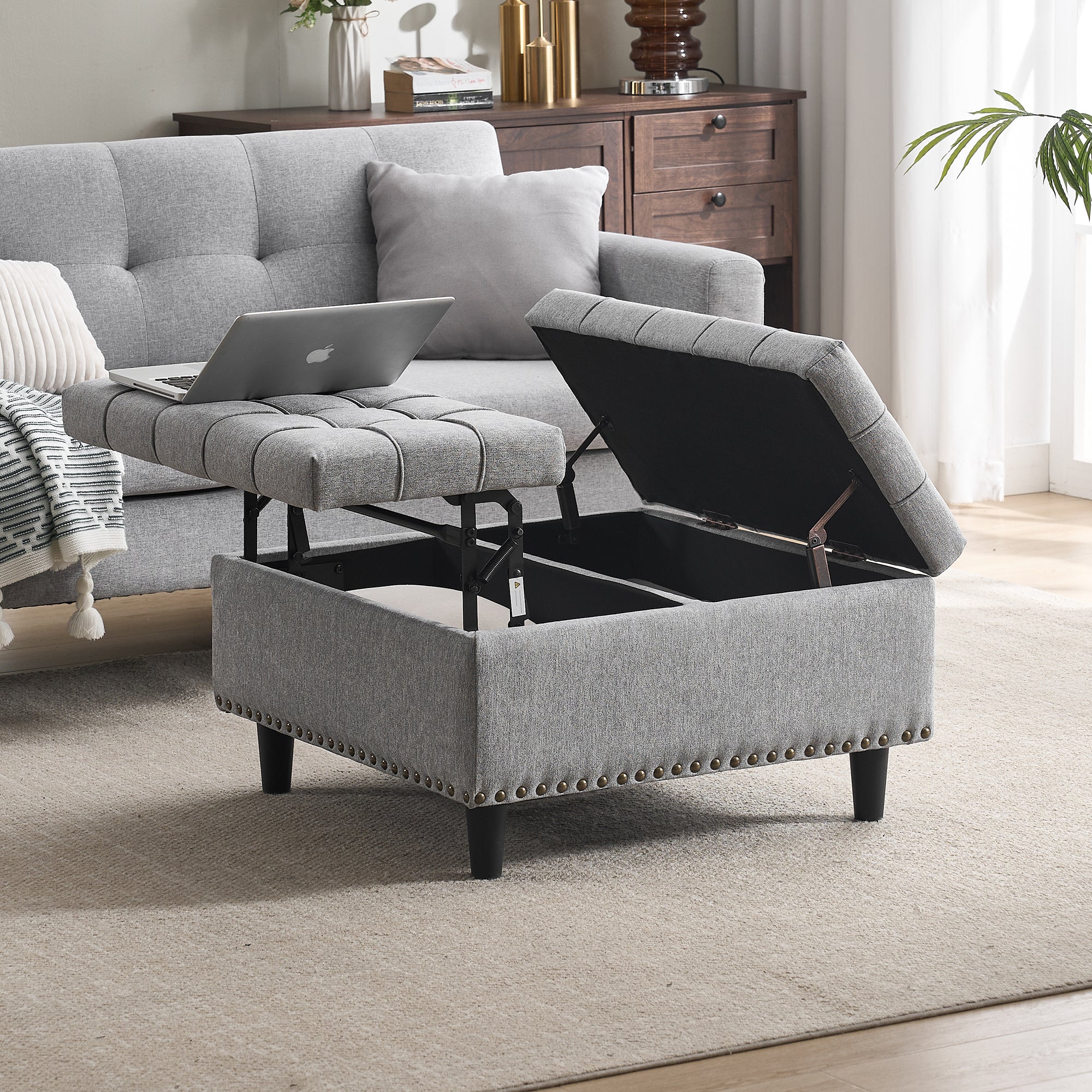 Storage Chair, Liftable Bench with Storage Box, Gray - Image 9