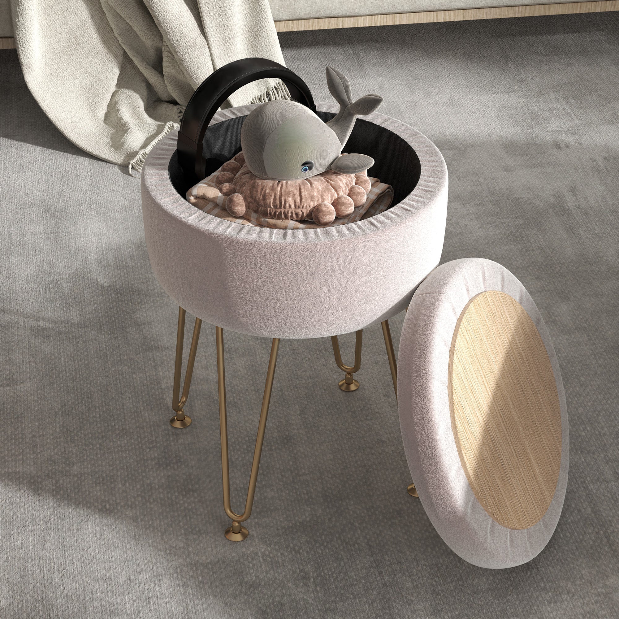 Storage Ottoman 5L Padded Top Light Pink Velvet-Feel