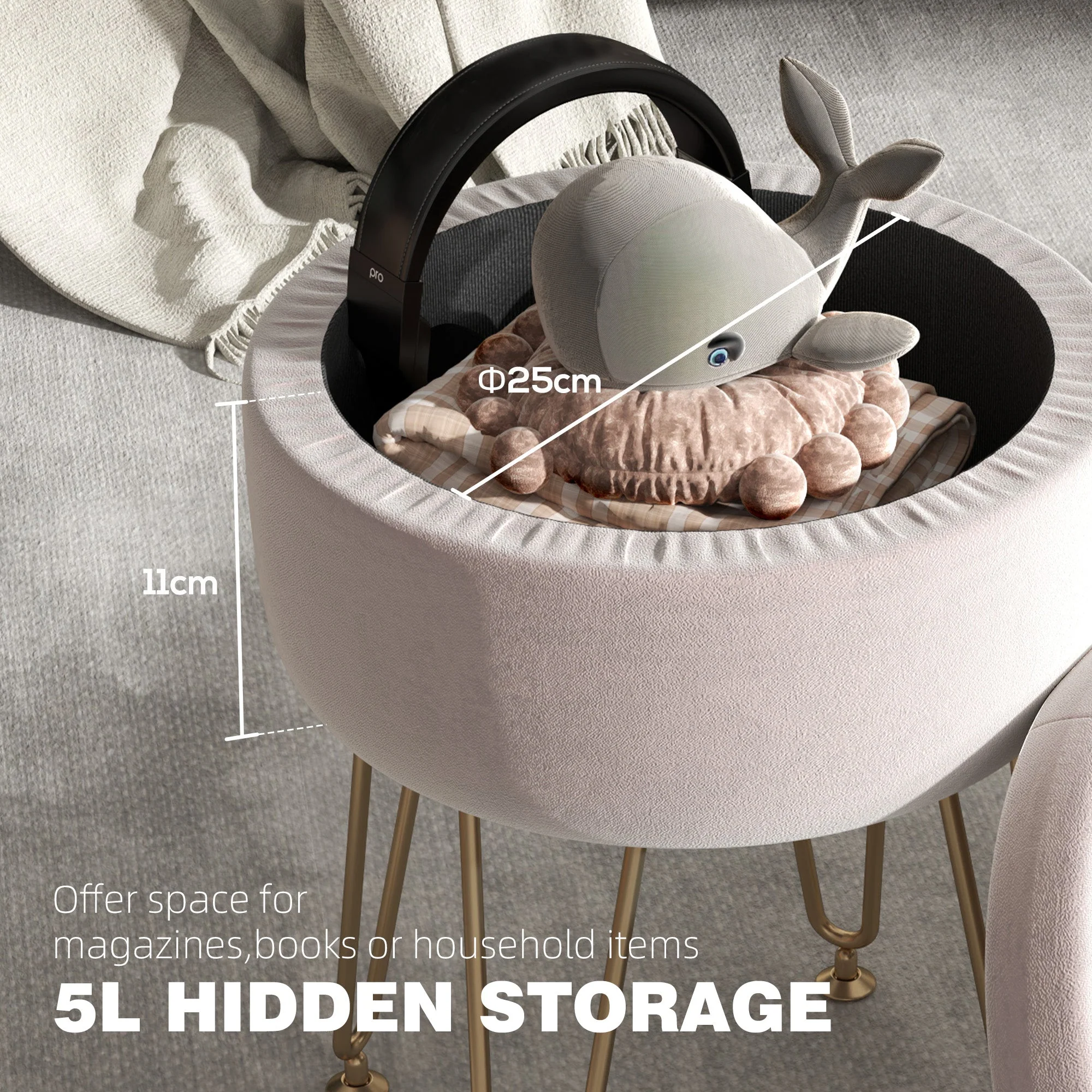 Storage Ottoman 5L Padded Top Light Pink Velvet-Feel - Image 4