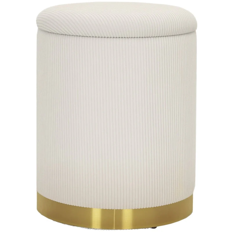 Storage Ottoman Round Footstool Lid Steel Base, Corduroy Cream White - Image 2