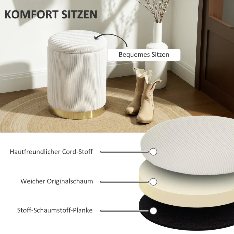 Storage Ottoman Round Footstool Lid Steel Base, Corduroy Cream White - Image 4