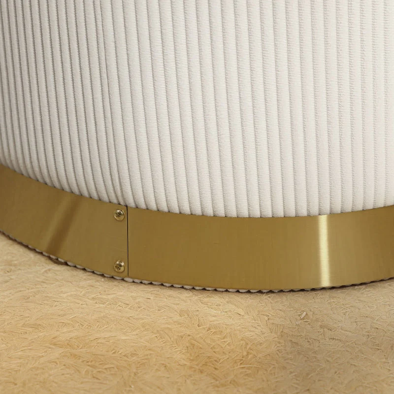 Storage Ottoman Round Footstool Lid Steel Base, Corduroy Cream White - Image 5