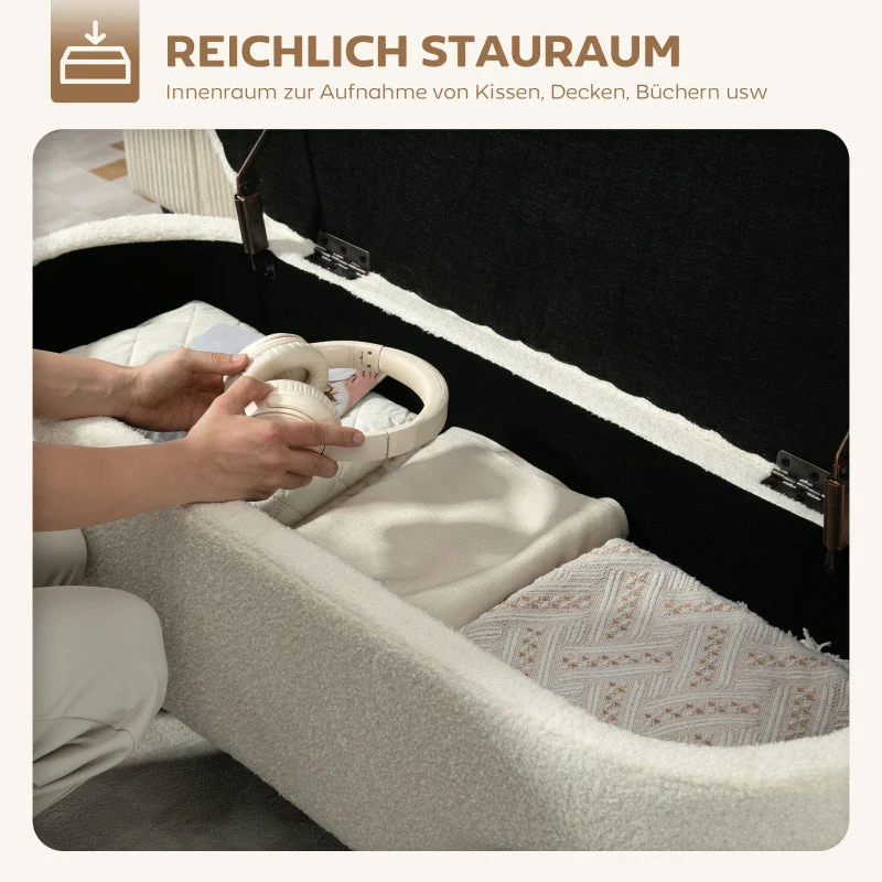 Storage Stool Ottoman with Storage Fleece Cover Steel Legs - Cream White - Image 4