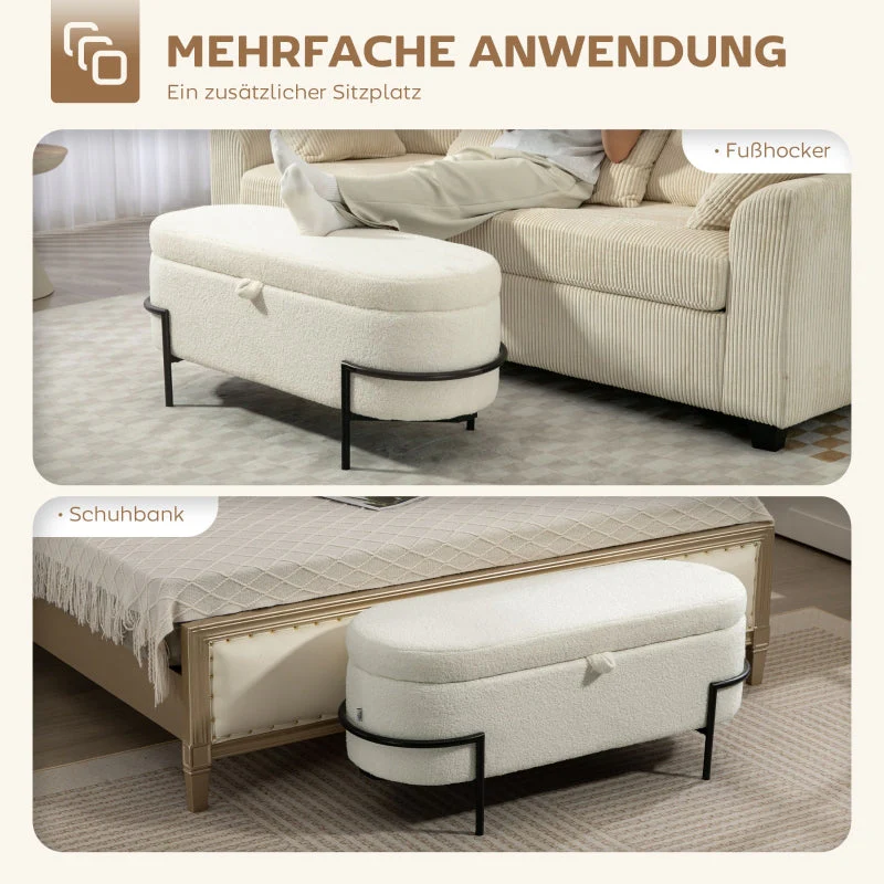 Storage Stool Ottoman with Storage Fleece Cover Steel Legs - Cream White - Image 7