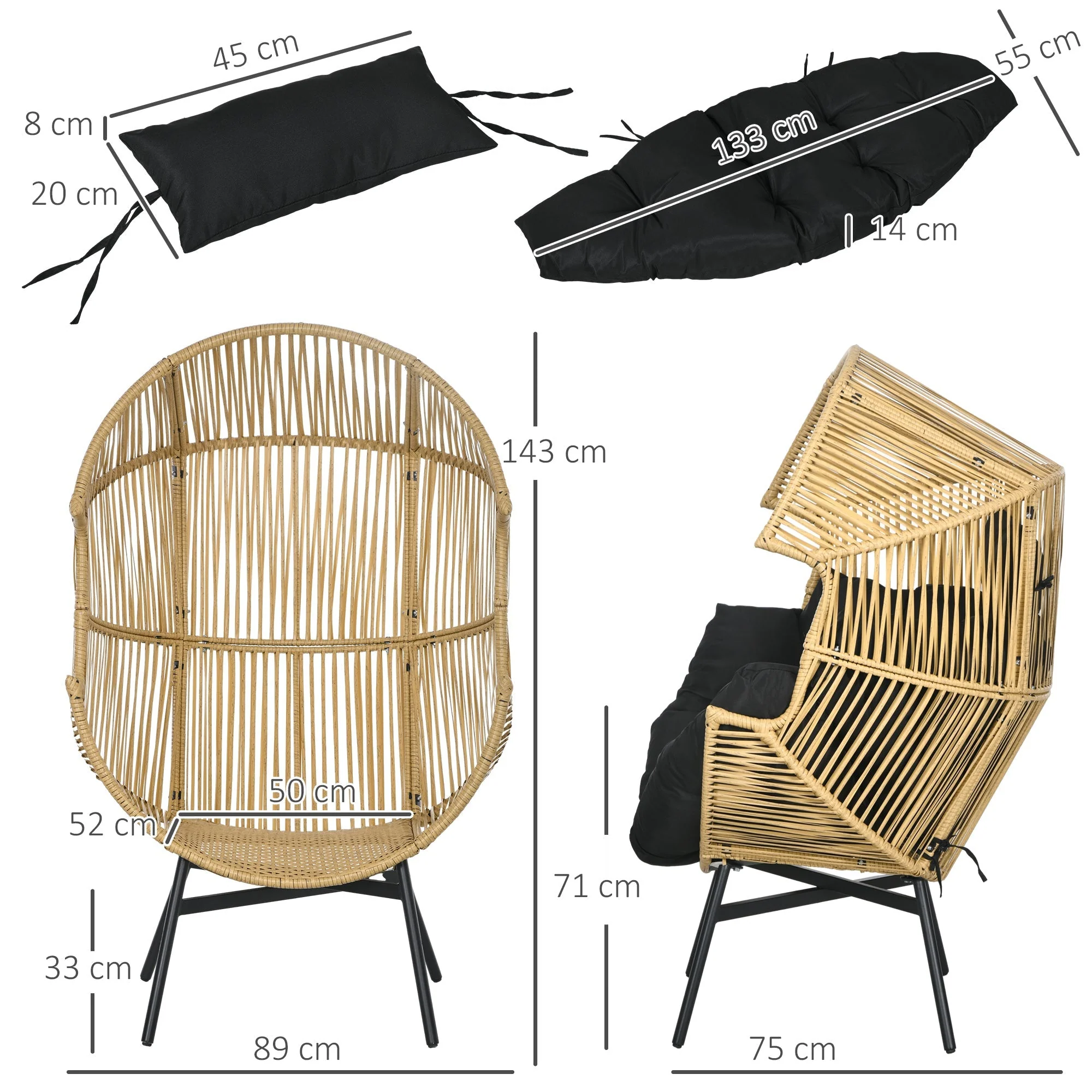 String Rattan Egg Chair with Padded Cushion, Sand/Black - Image 3