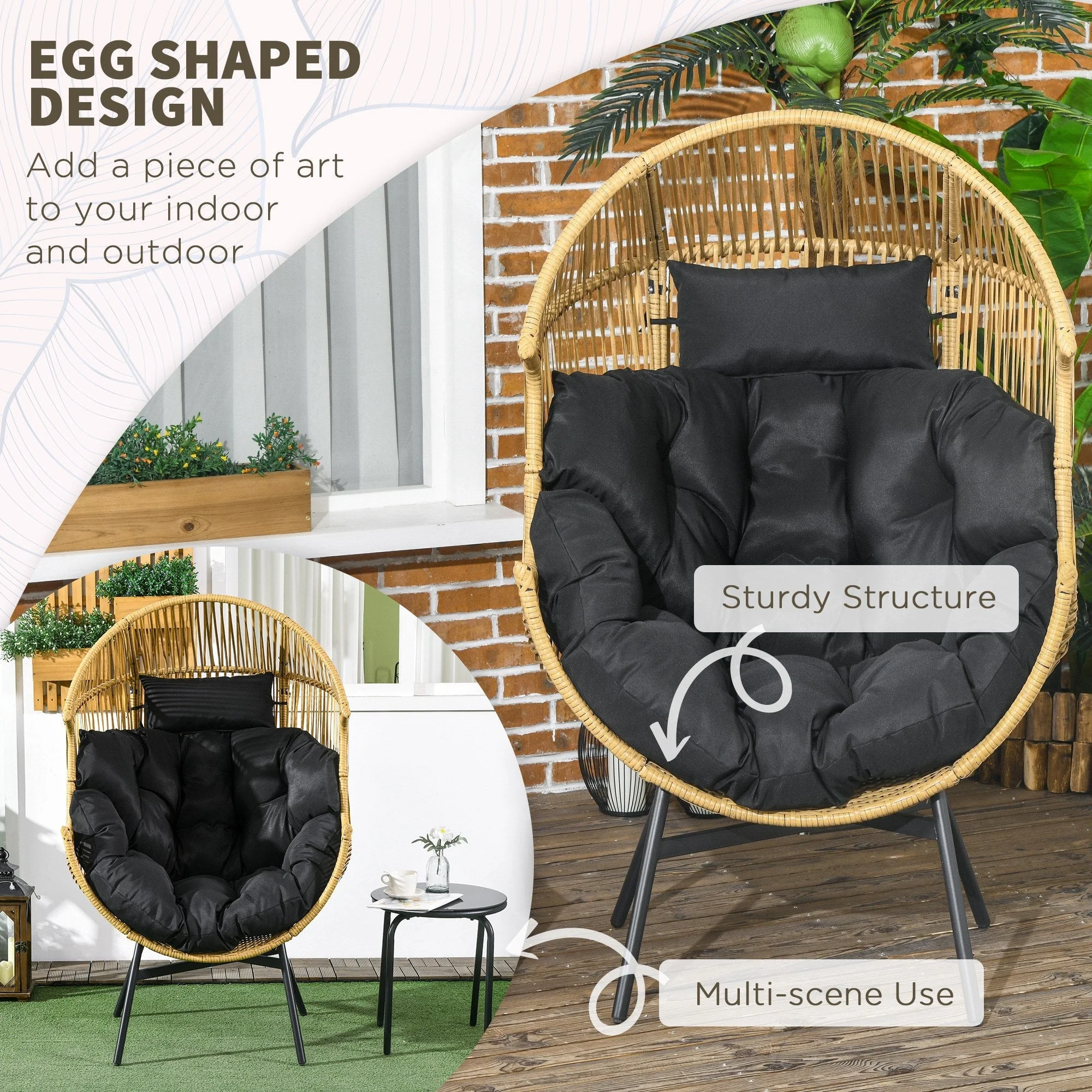 String Rattan Egg Chair with Padded Cushion, Sand/Black - Image 5