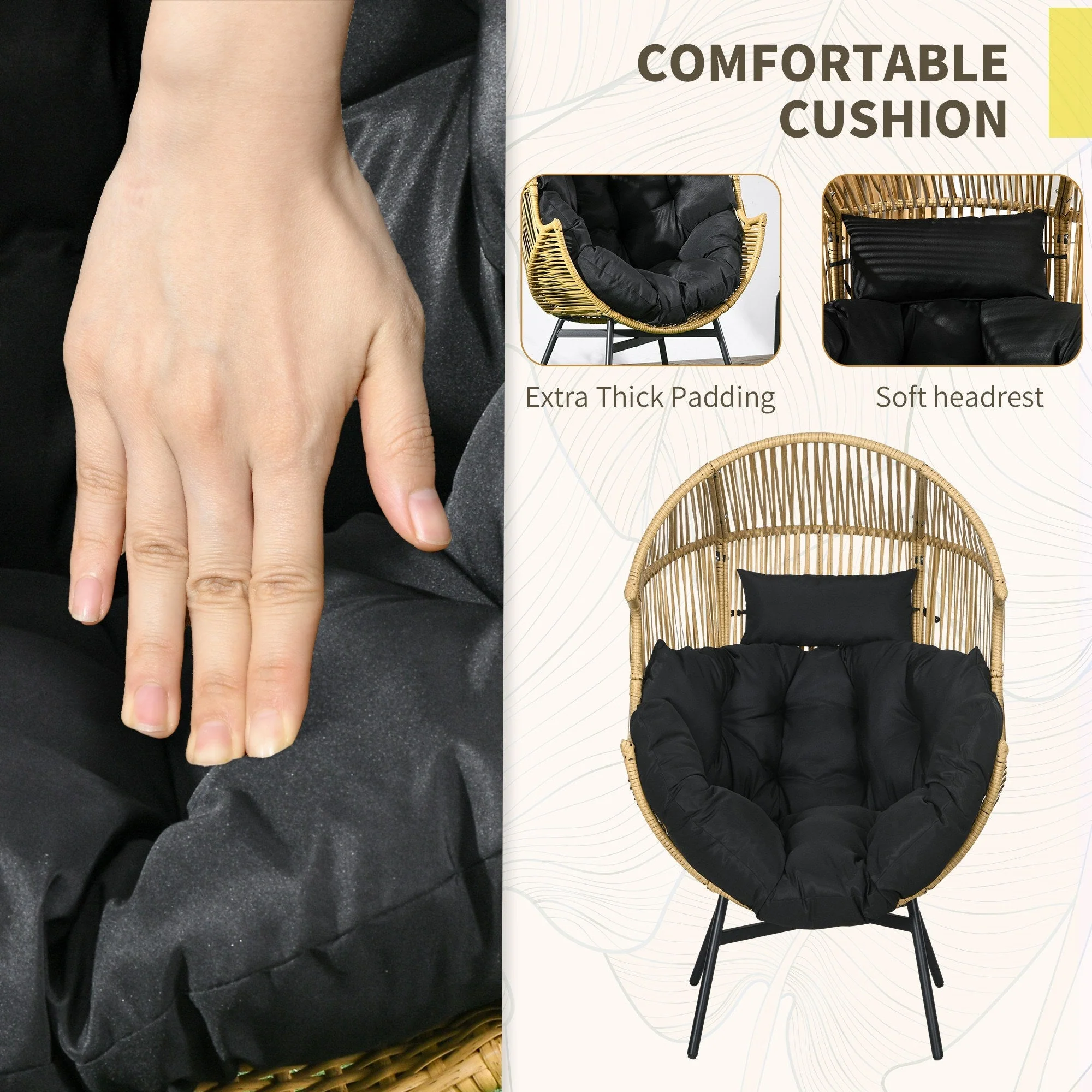 String Rattan Egg Chair with Padded Cushion, Sand/Black - Image 6