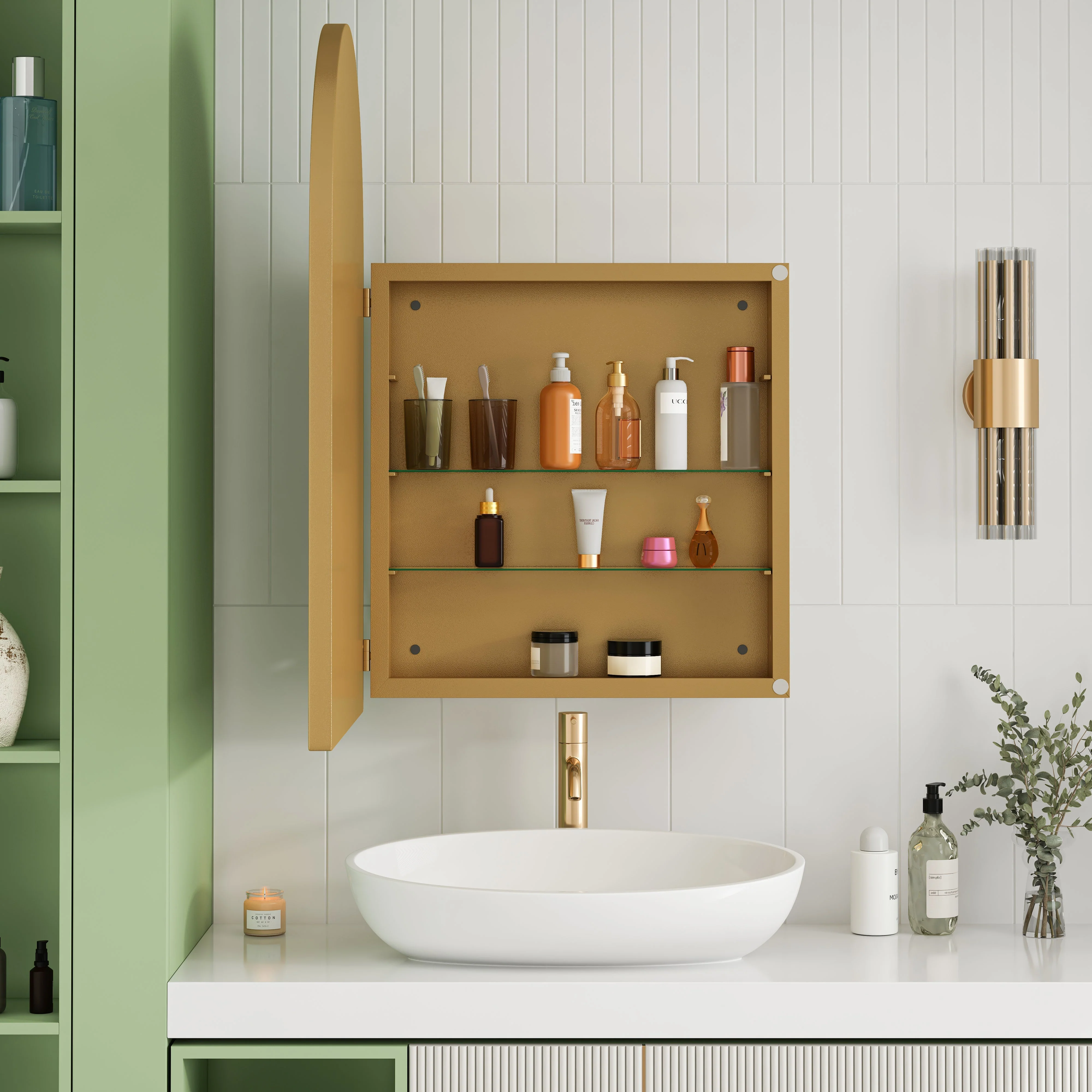 Stylish Arched Mirror Cabinet, Recessed Wall Storage Metal Framed, Gold - Image 3