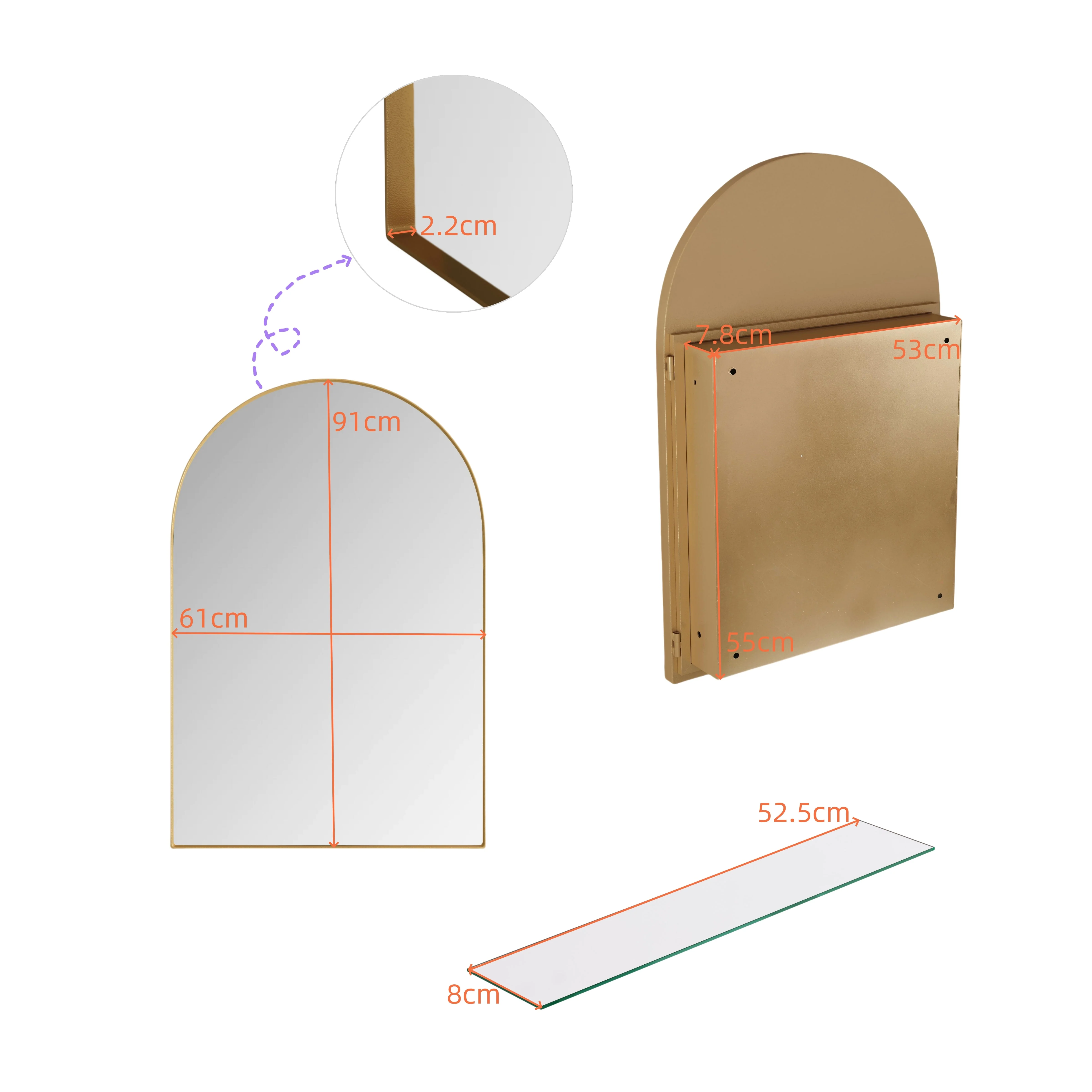 Stylish Arched Mirror Cabinet, Recessed Wall Storage Metal Framed, Gold - Image 5