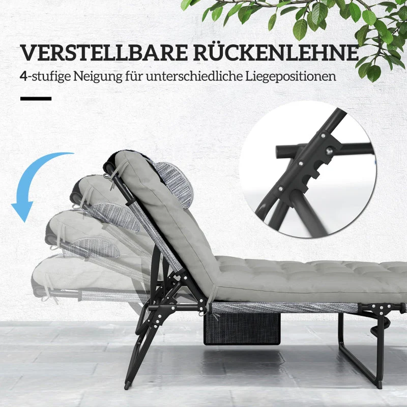 Sun Lounger 4-Position Adjustable Backrest Cushion Side Pocket - Grey - Image 4