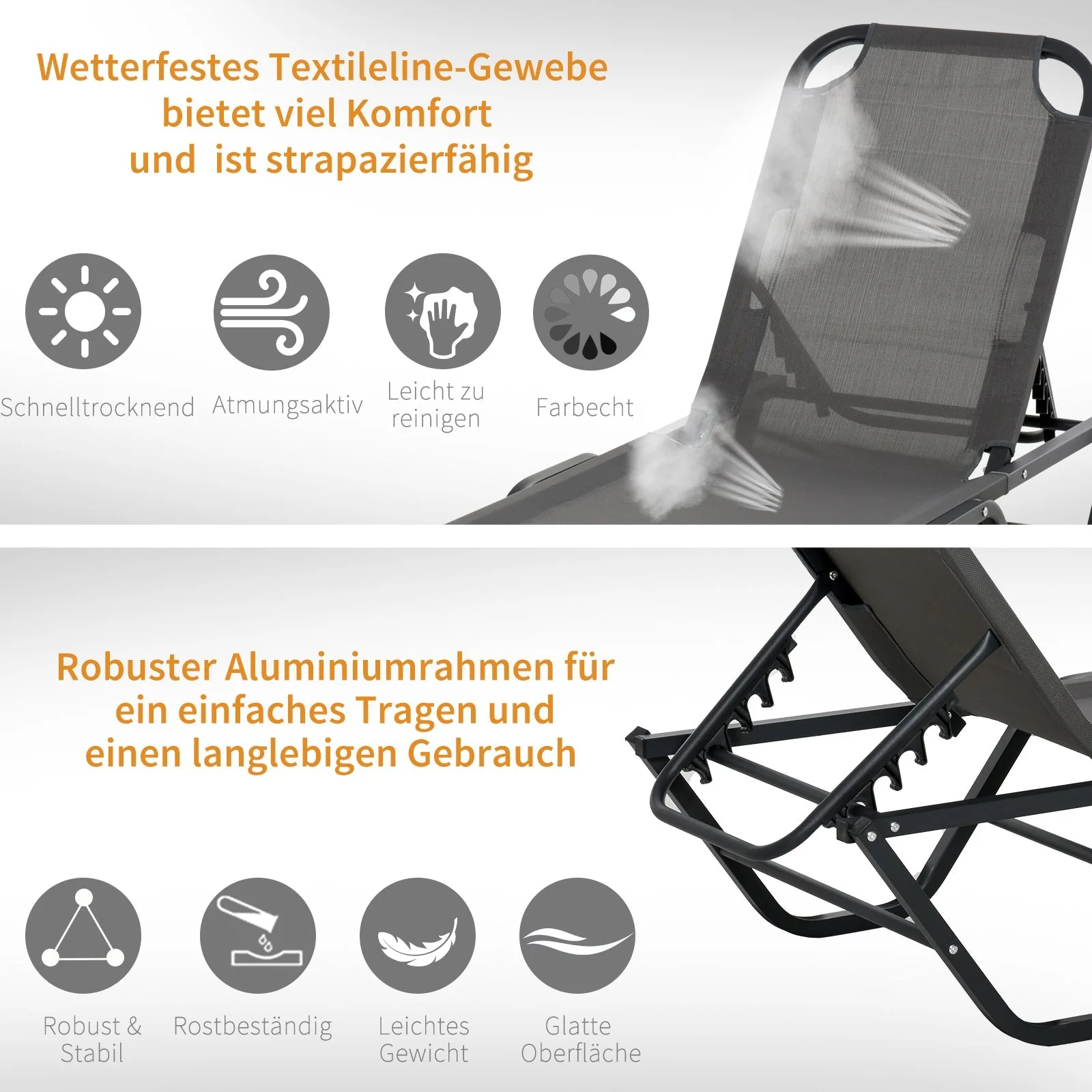 Sun Lounger 5-Level Aluminum Garden Lounger Texteline Grey/Black - Image 7