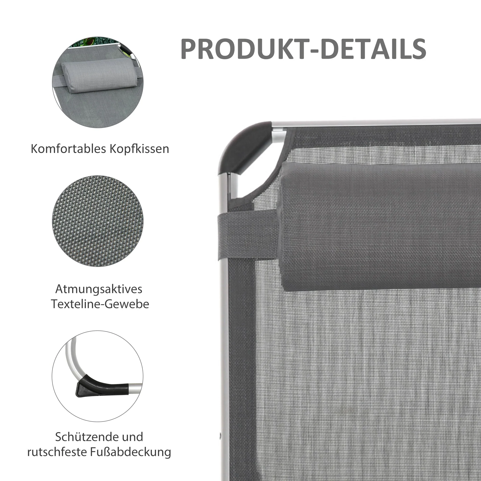 Sun Lounger 5-Way Adjustable Foldable Ergonomic Aluminum Mesh Fabric Grey - Image 6