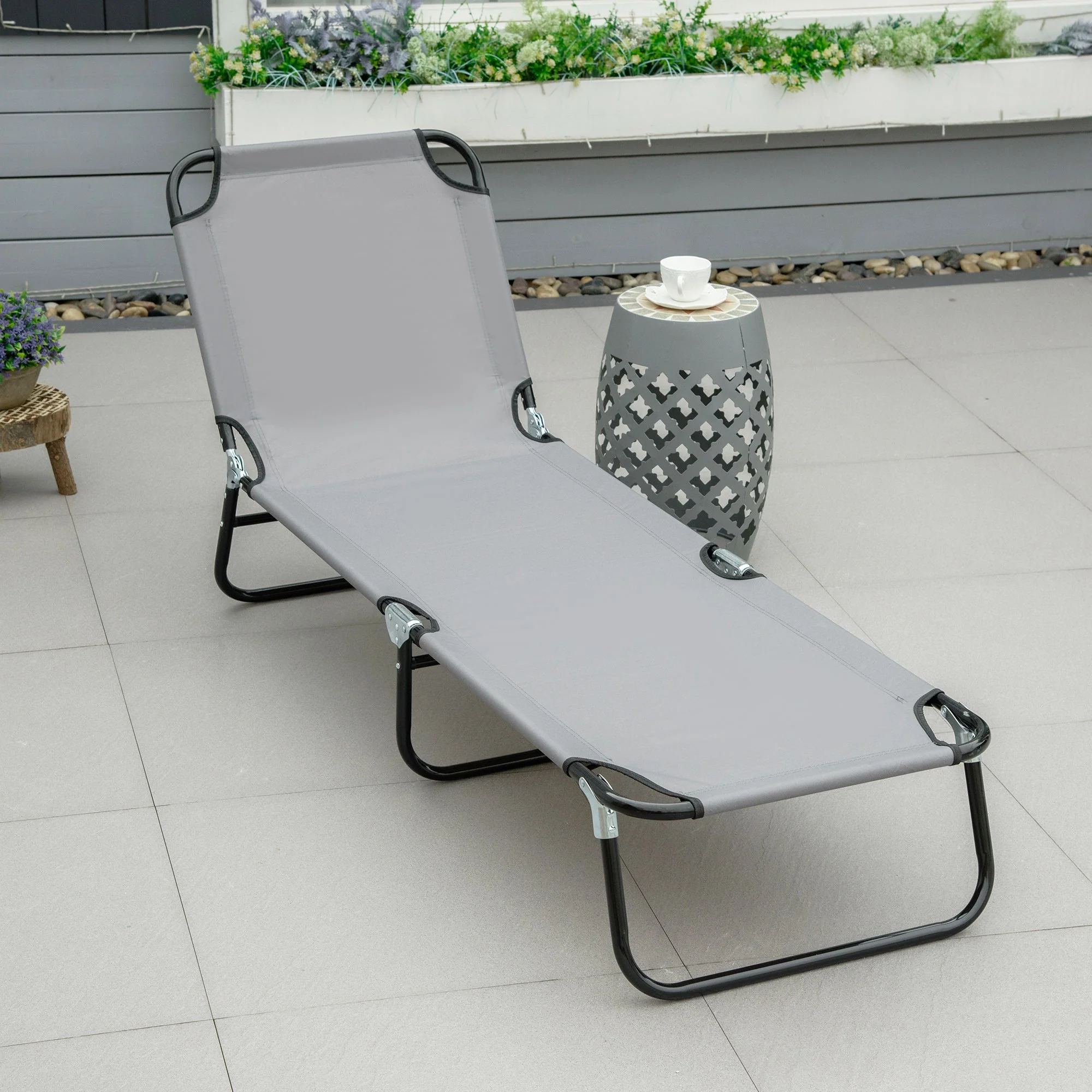 Sun Lounger, Adjustable Backrest Camping Deck Chair, 188x56x28cm Steel
